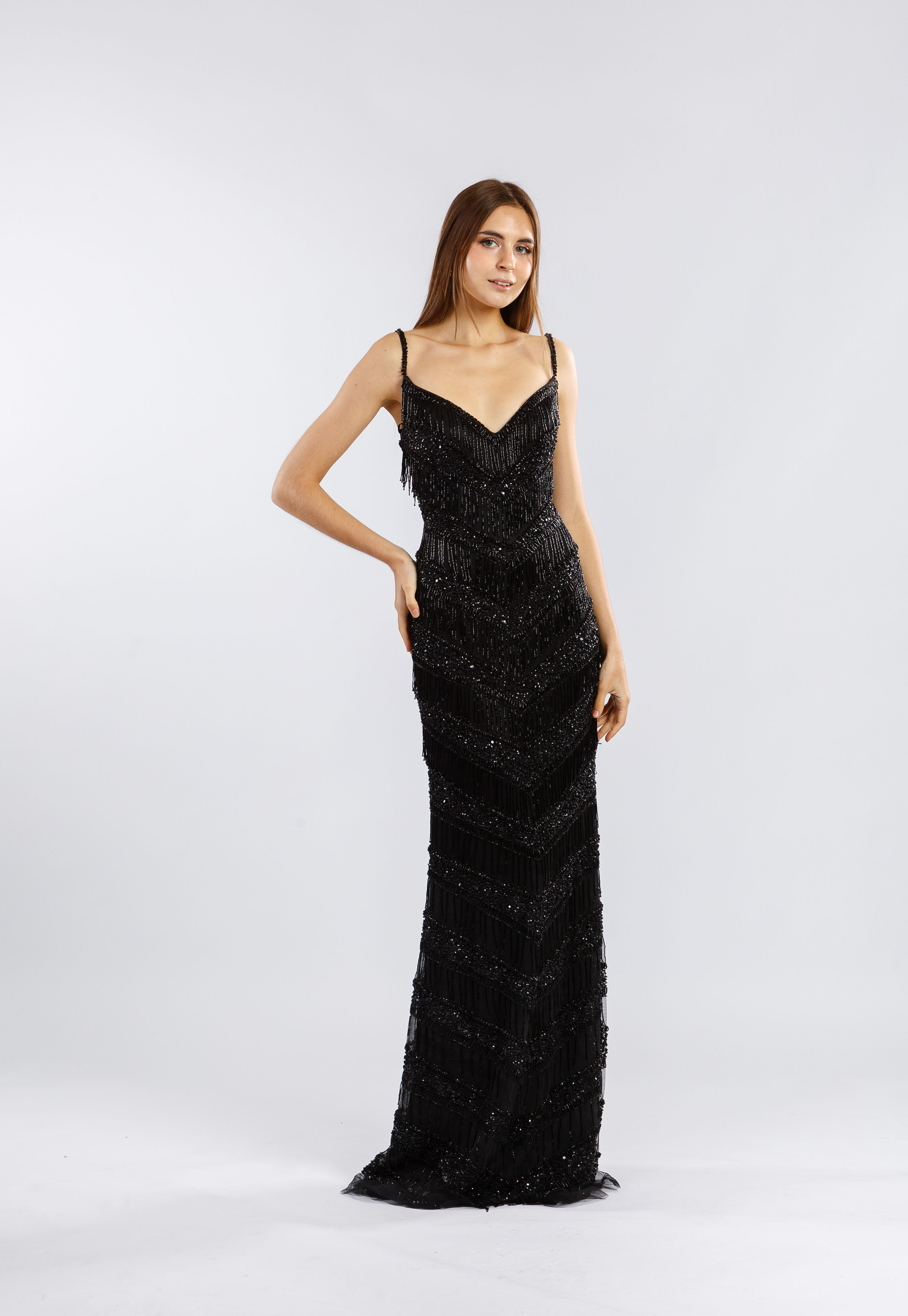 Black Beaded Fringe Sleeveless V Neck Column Gown