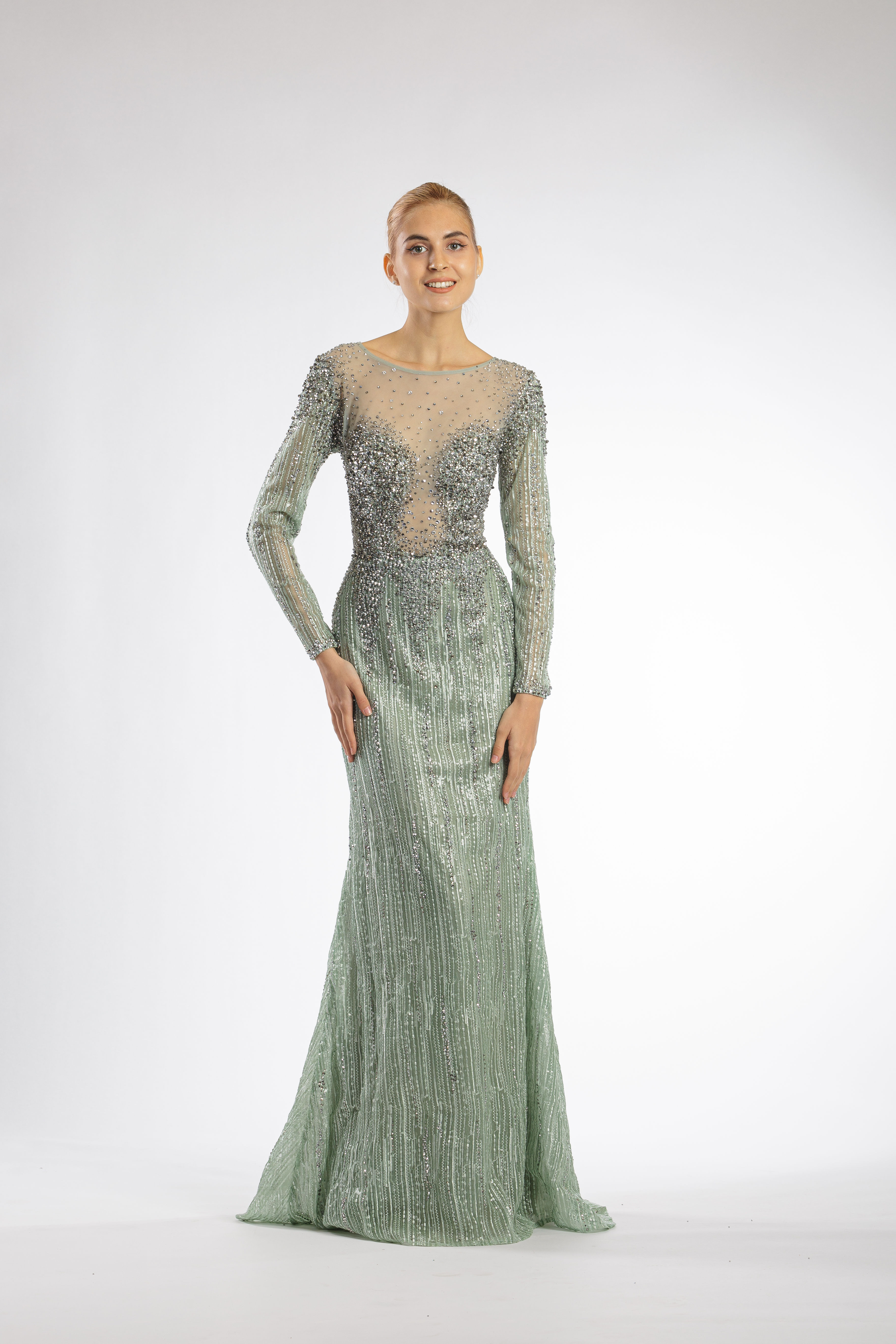 Green Beaded Illusion Long Sleeves Front Chest Glitter Column Gown