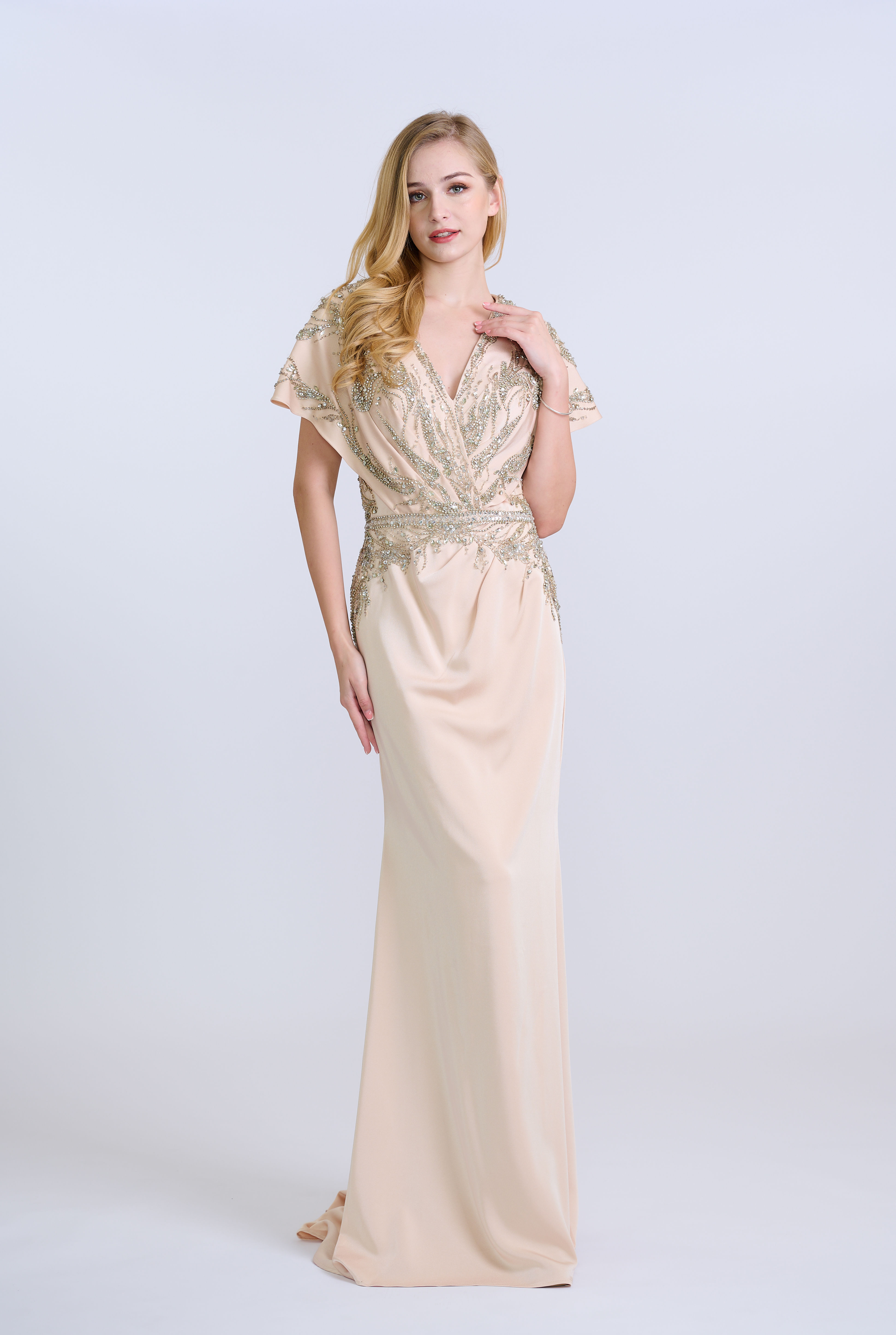 Champagne Embellished Batwing Sleeves V Neck Gown