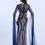 Thumbnail: Dark Blue Beaded Detail Long Cape Sleeves Gown