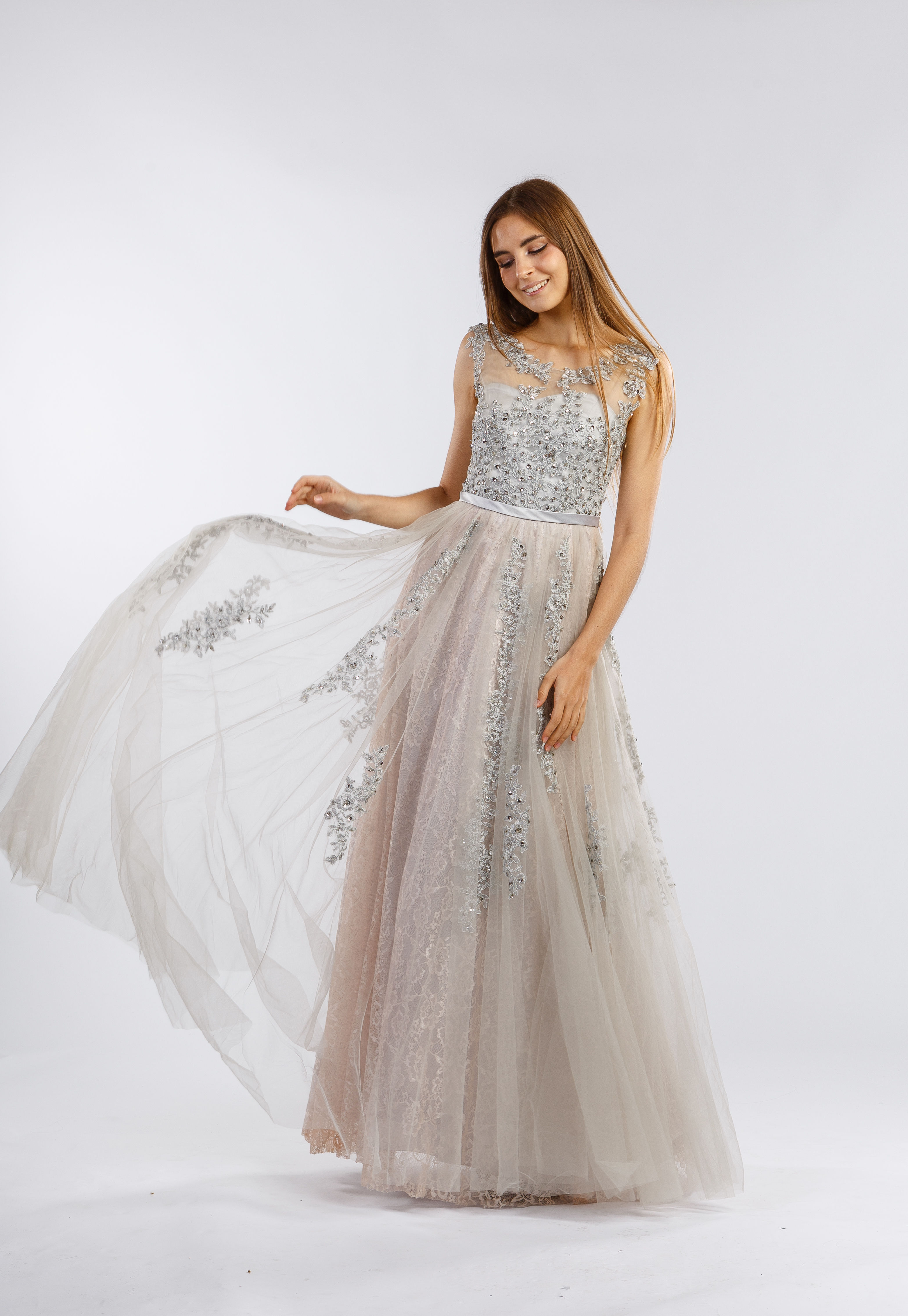 Grey Embroidered Illusion Sleeveless Sheer Overlay Prom Dress