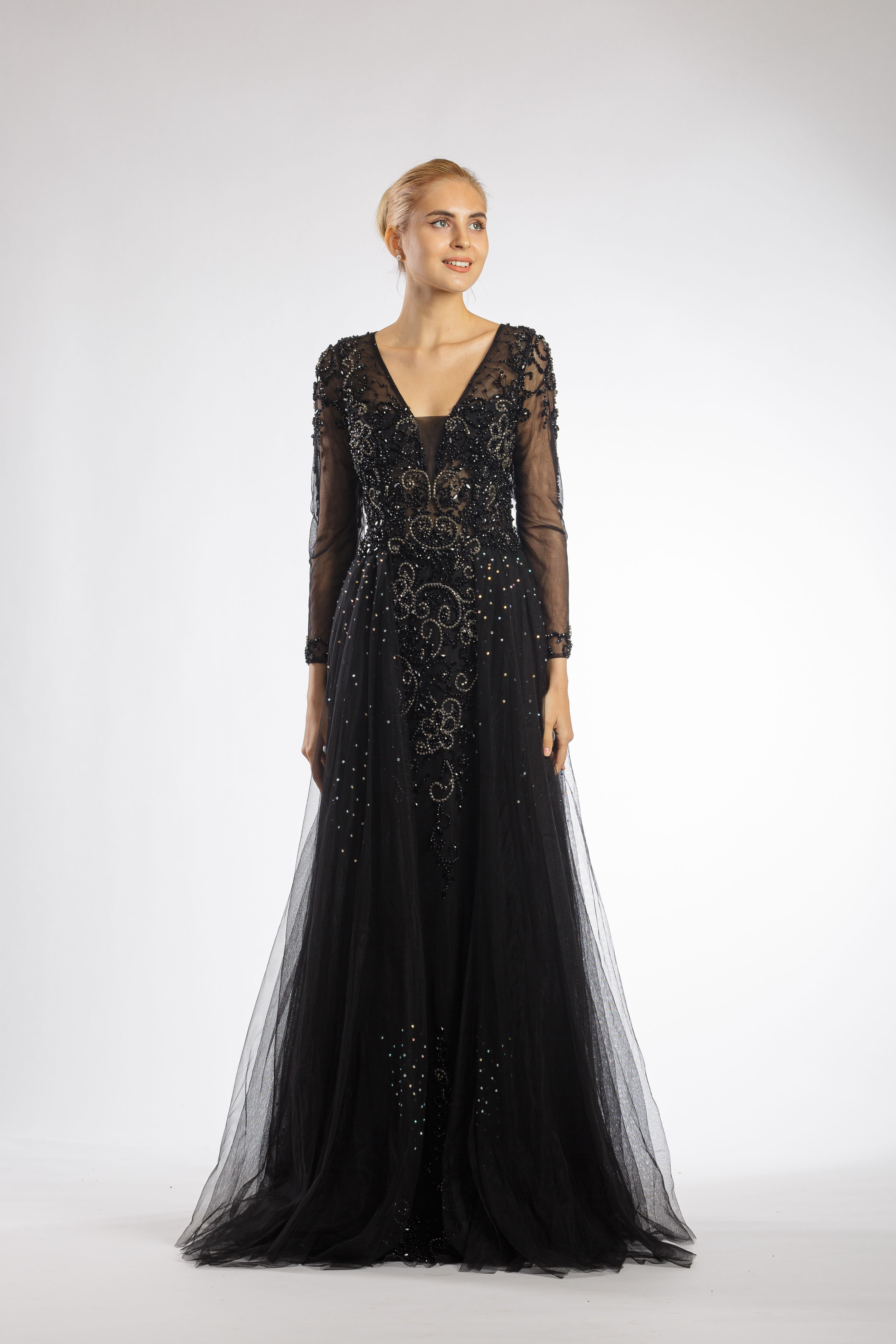Black Beaded Illusion Long Sleeves Overskirt Tulle Gown