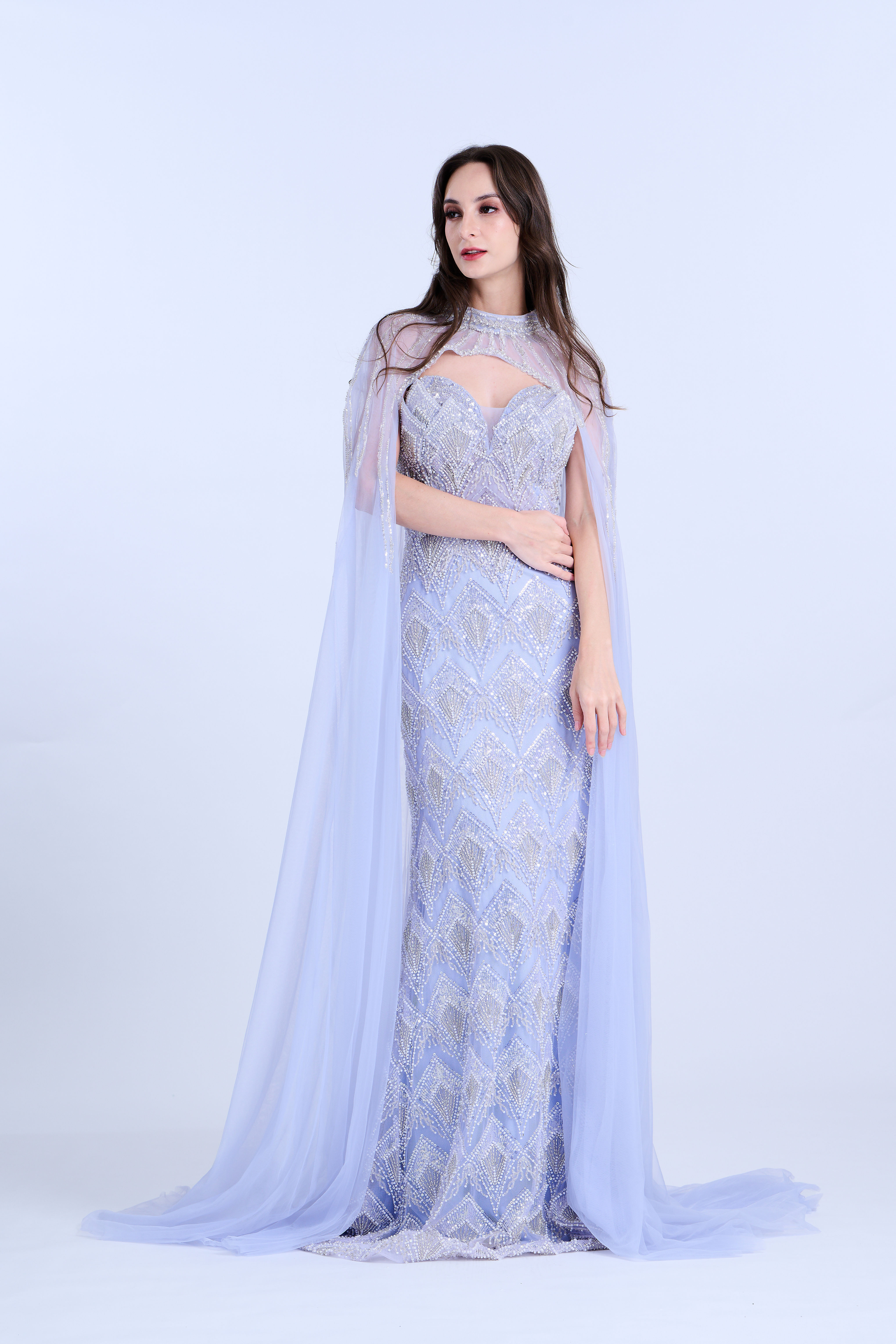 Lavender Purple Asymmetry Sweetheart Neckline W Detachable Embellished Cape Gown