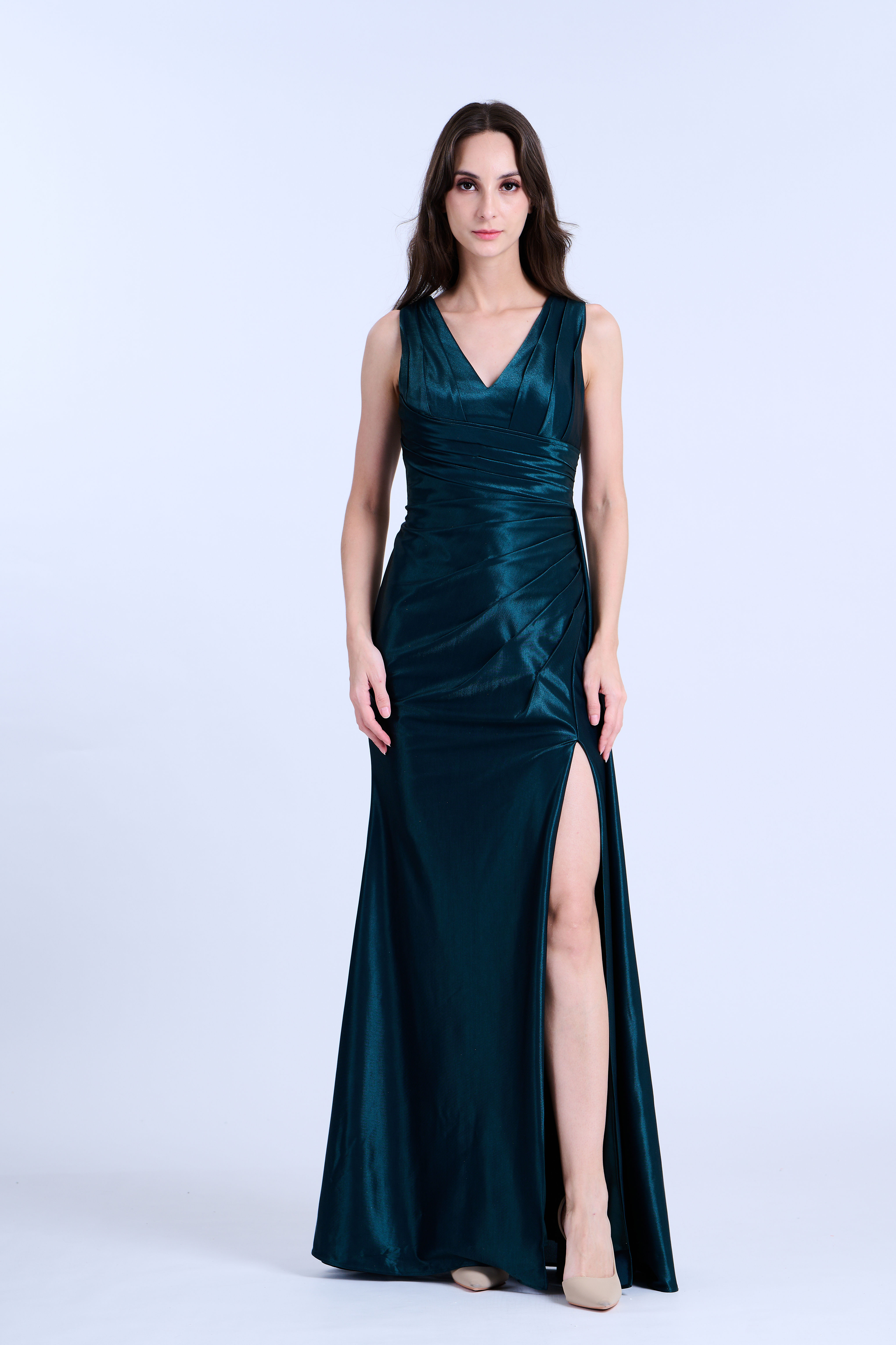 Emerald Green Sleeveless Ruched Gown