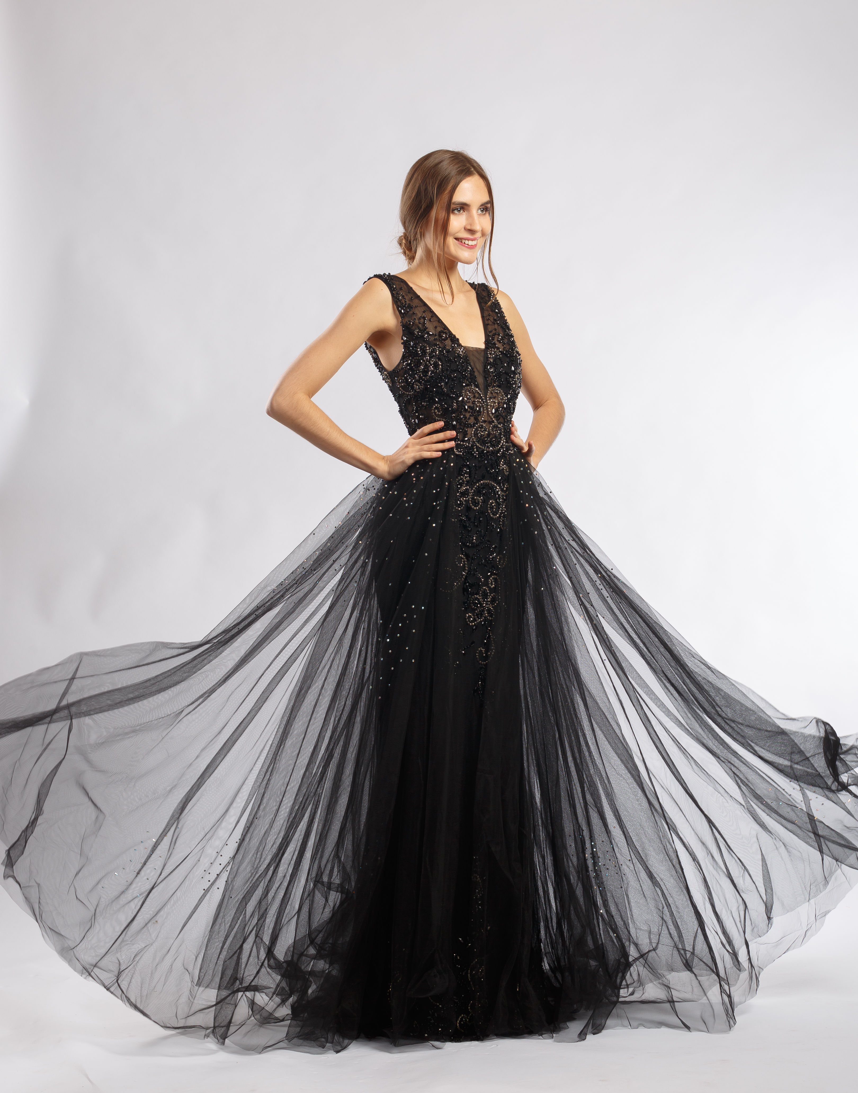Black Beaded Illusion Sleeveless Overskirt Tulle Gown