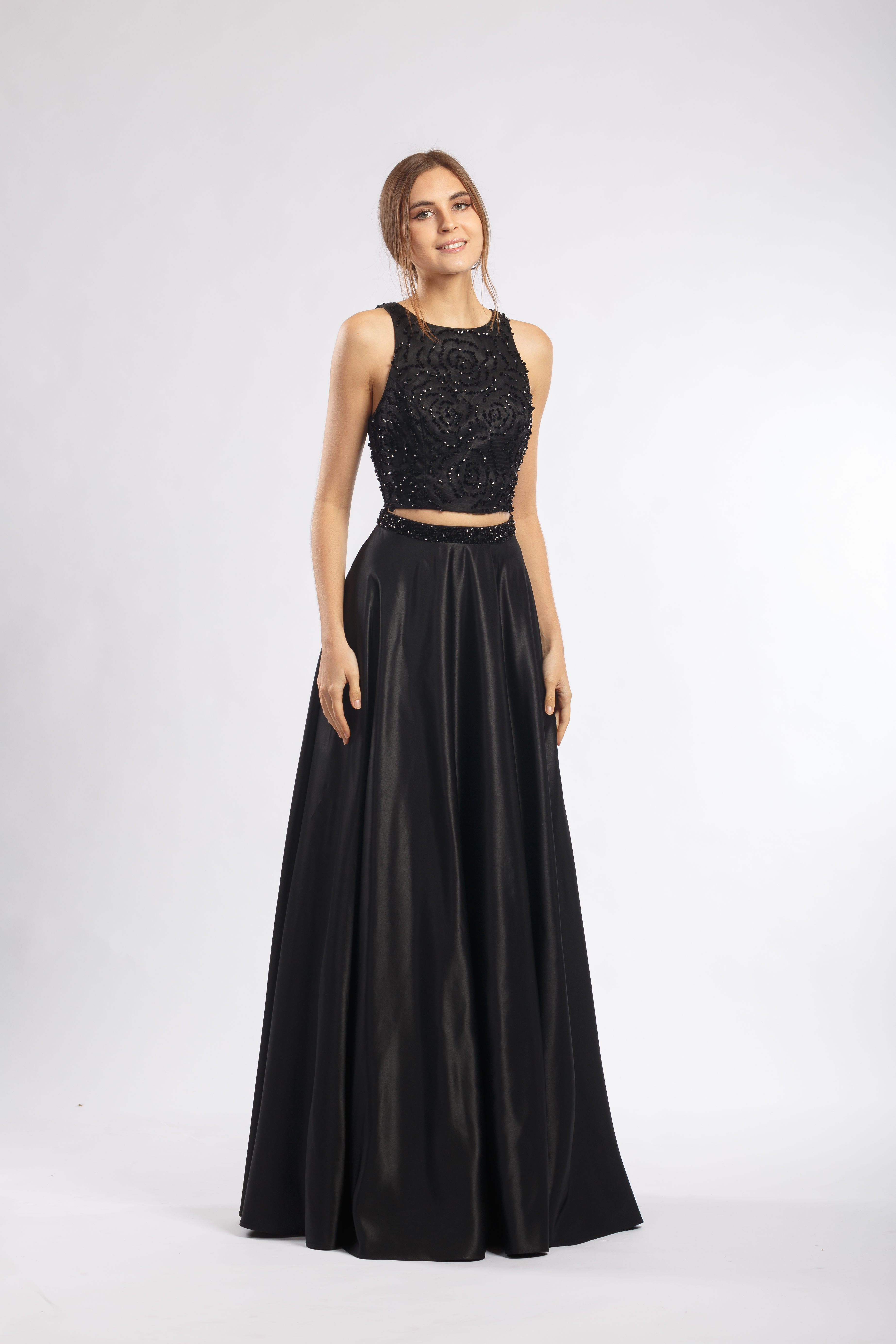 Black Beaded Bodice Two Piece Gown
