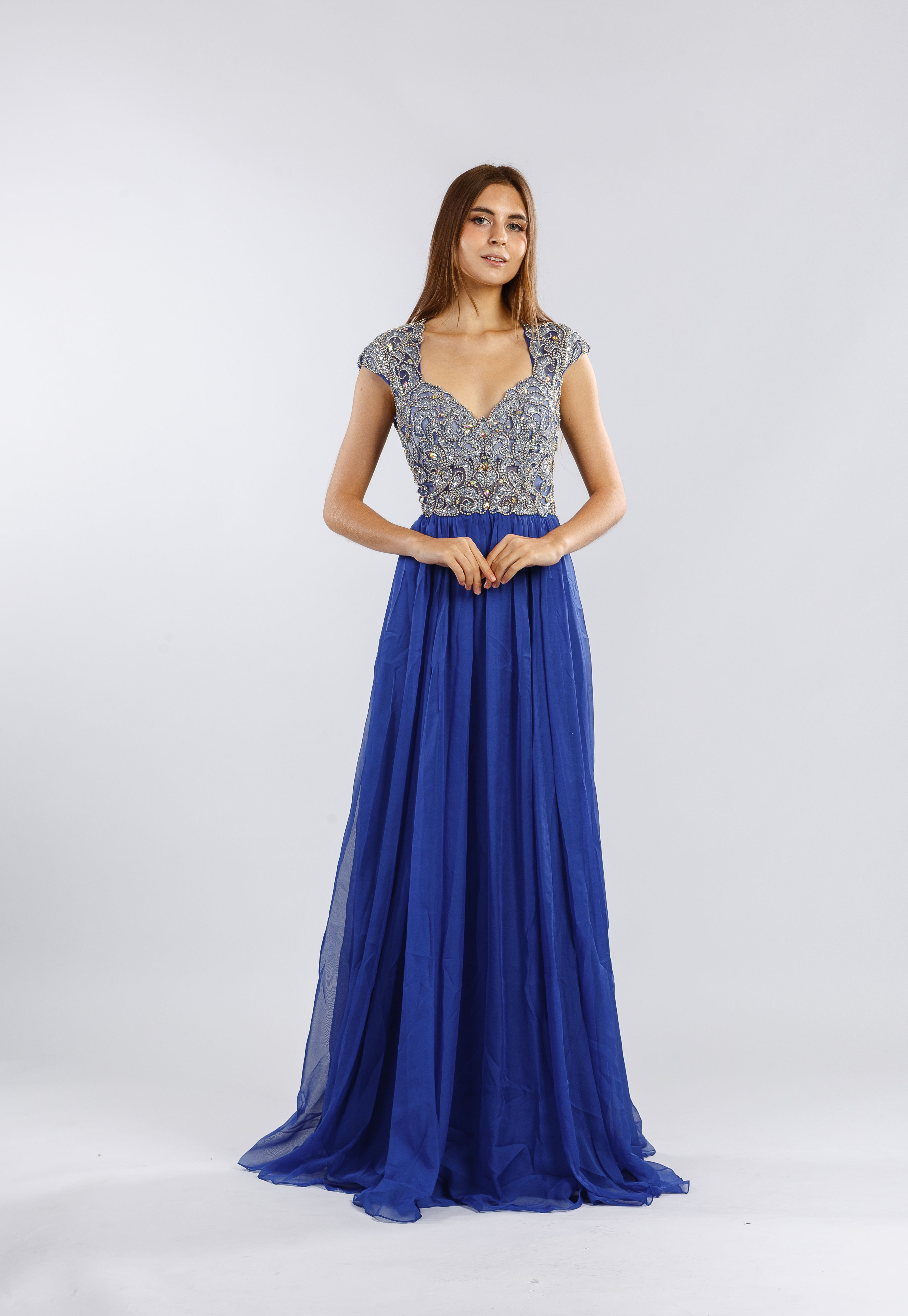 Blue Cap Sleeves Embellished Tulle Gown