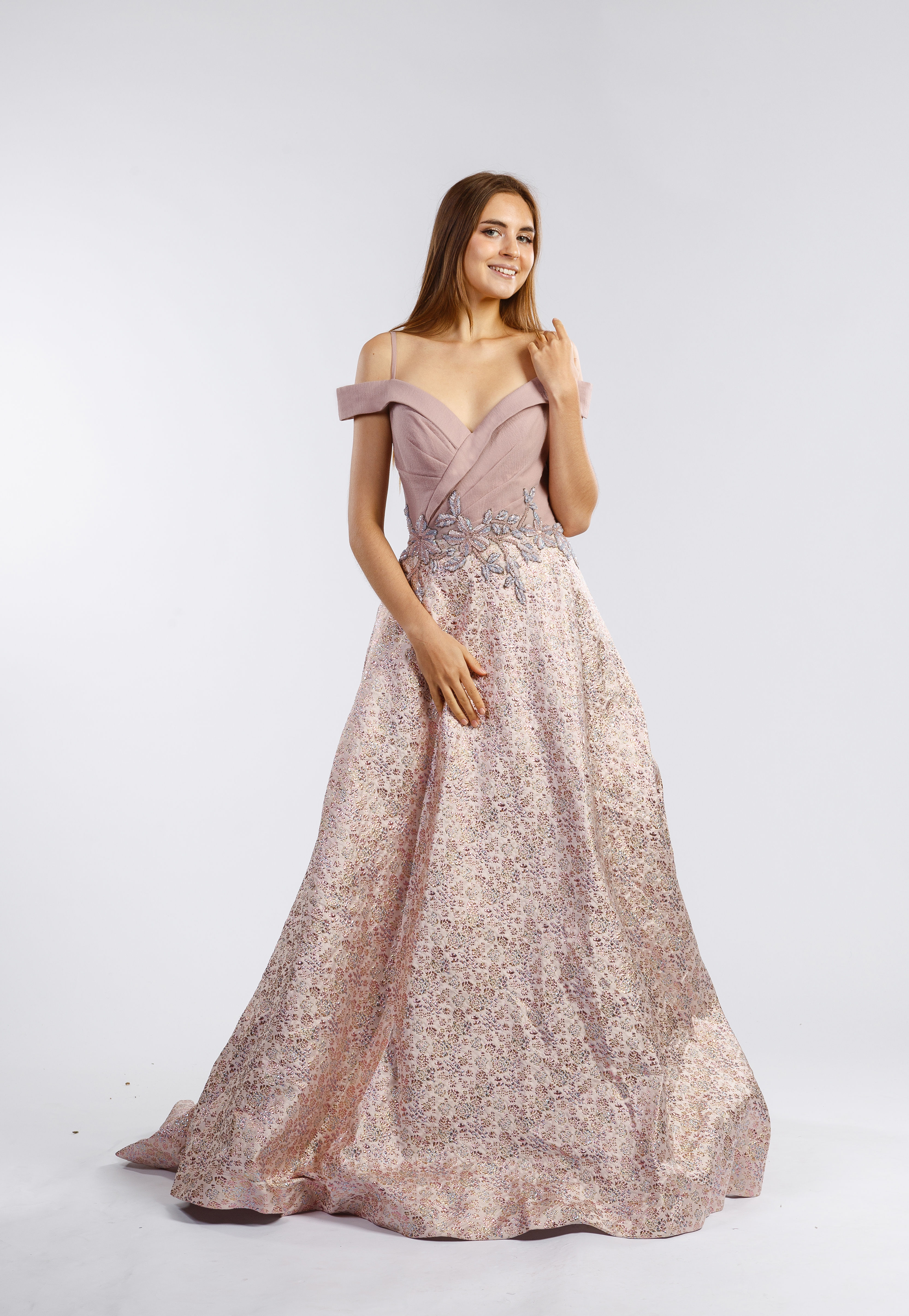 Beige Off Shoulder Faux Wrap A-Line Prom Dress