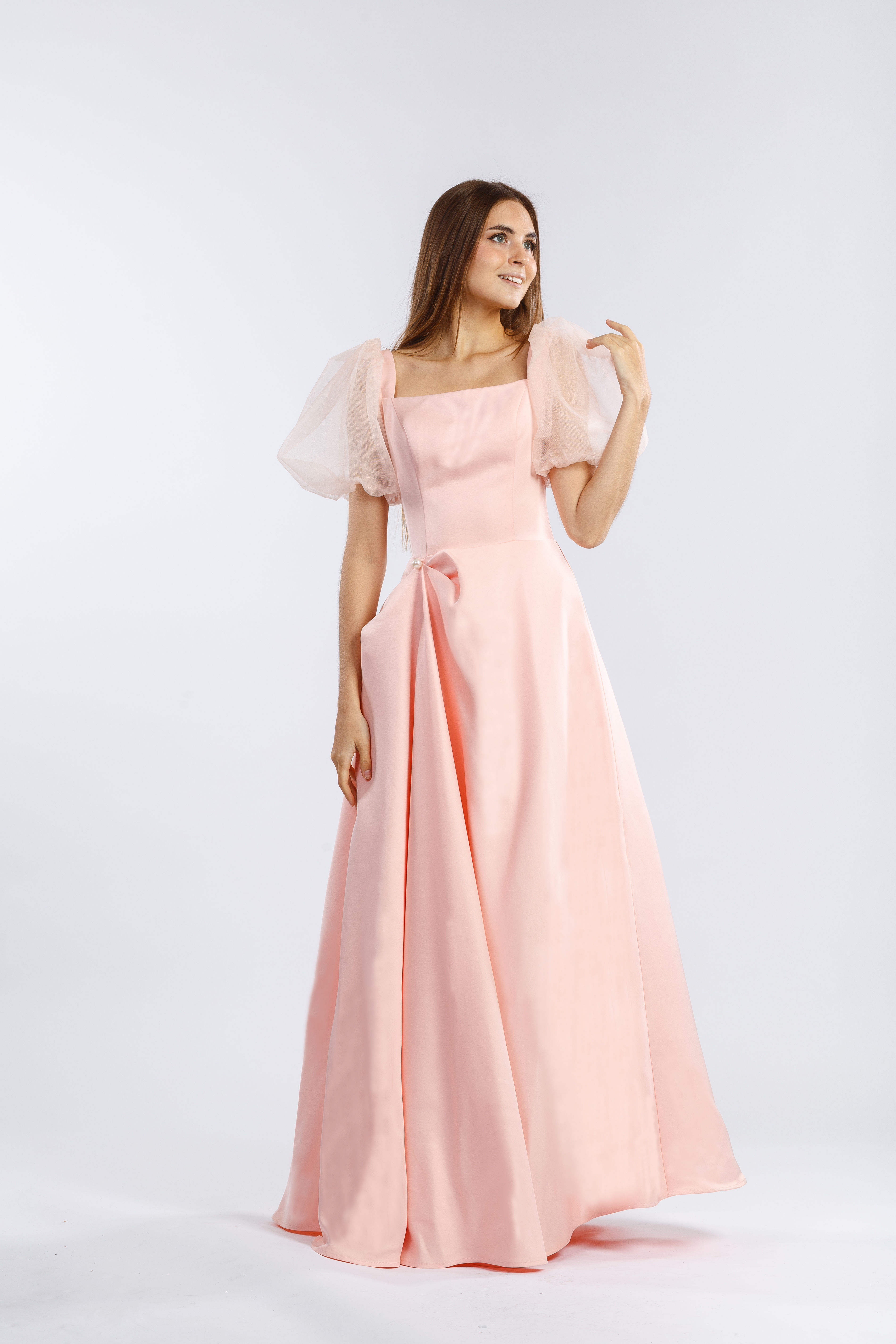 Apricot Princess Tulle Puff Square Shoulder A-Line Gown