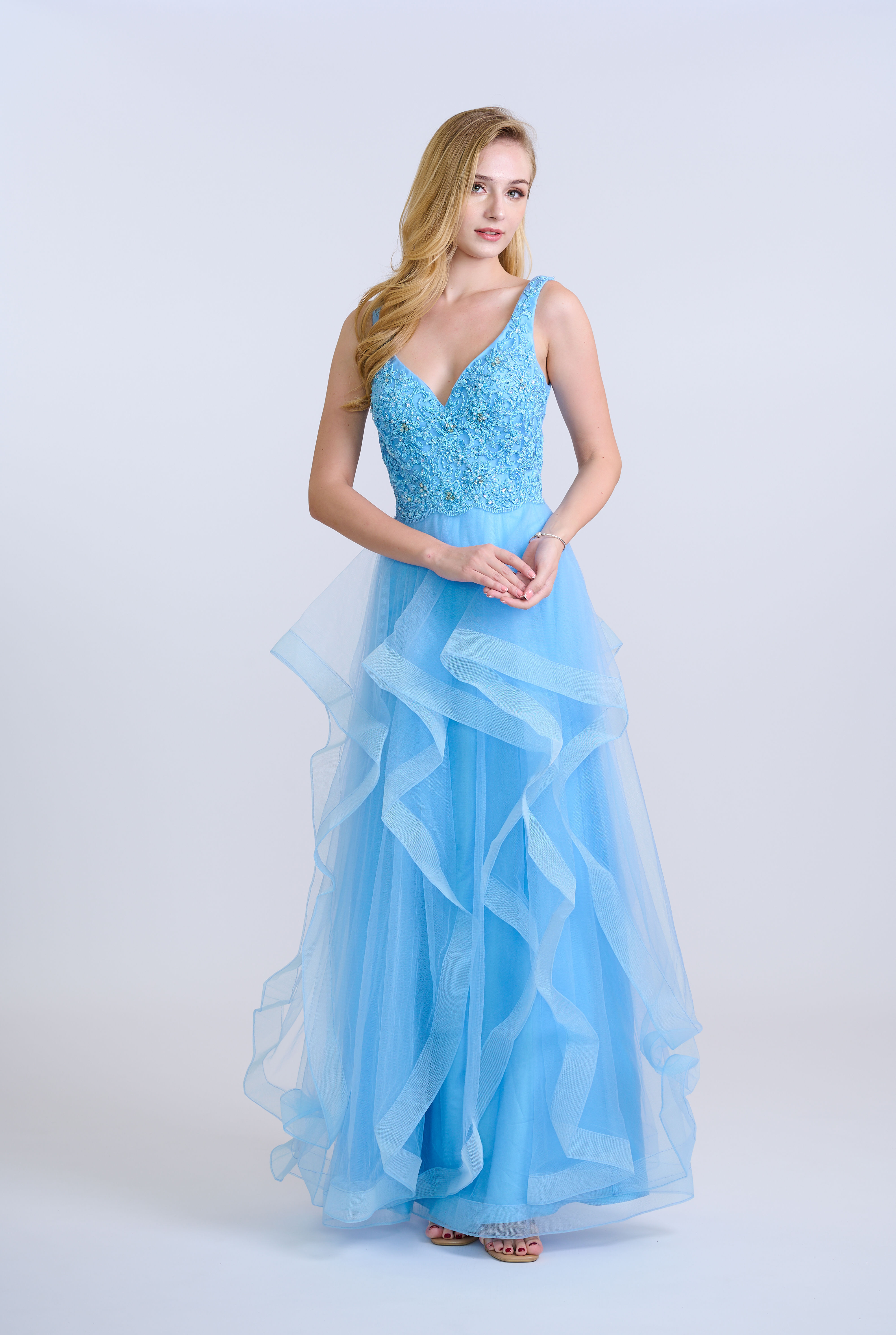 Blue Embroidered V Neck Tiered Tulle Gown