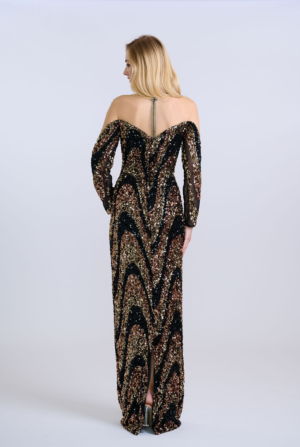 Thumbnail: Illusion Quarter Sleeves Waves Sequin Gown