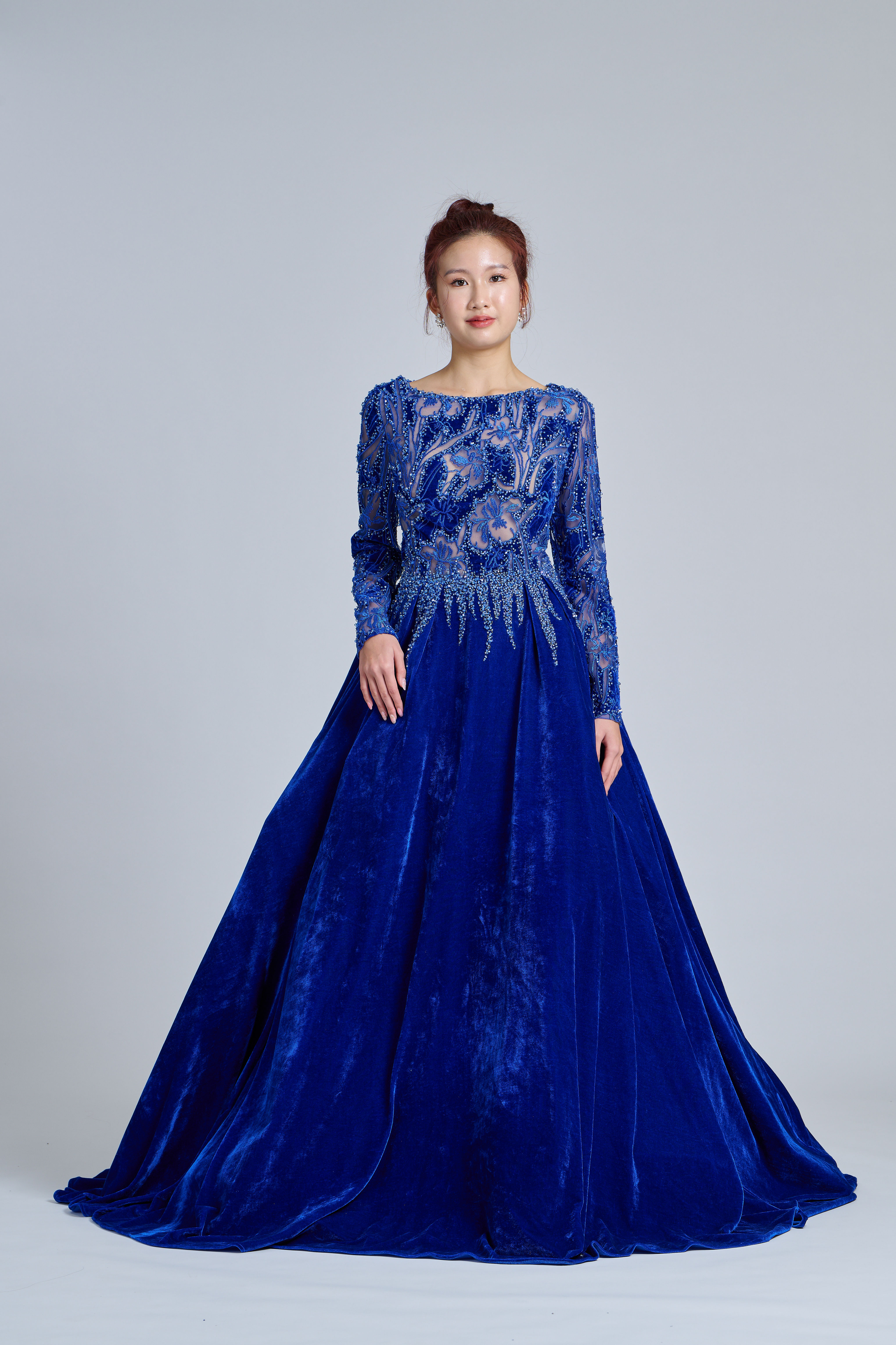 Blue Embroidered Illusion Boat Neck Velvet Gown