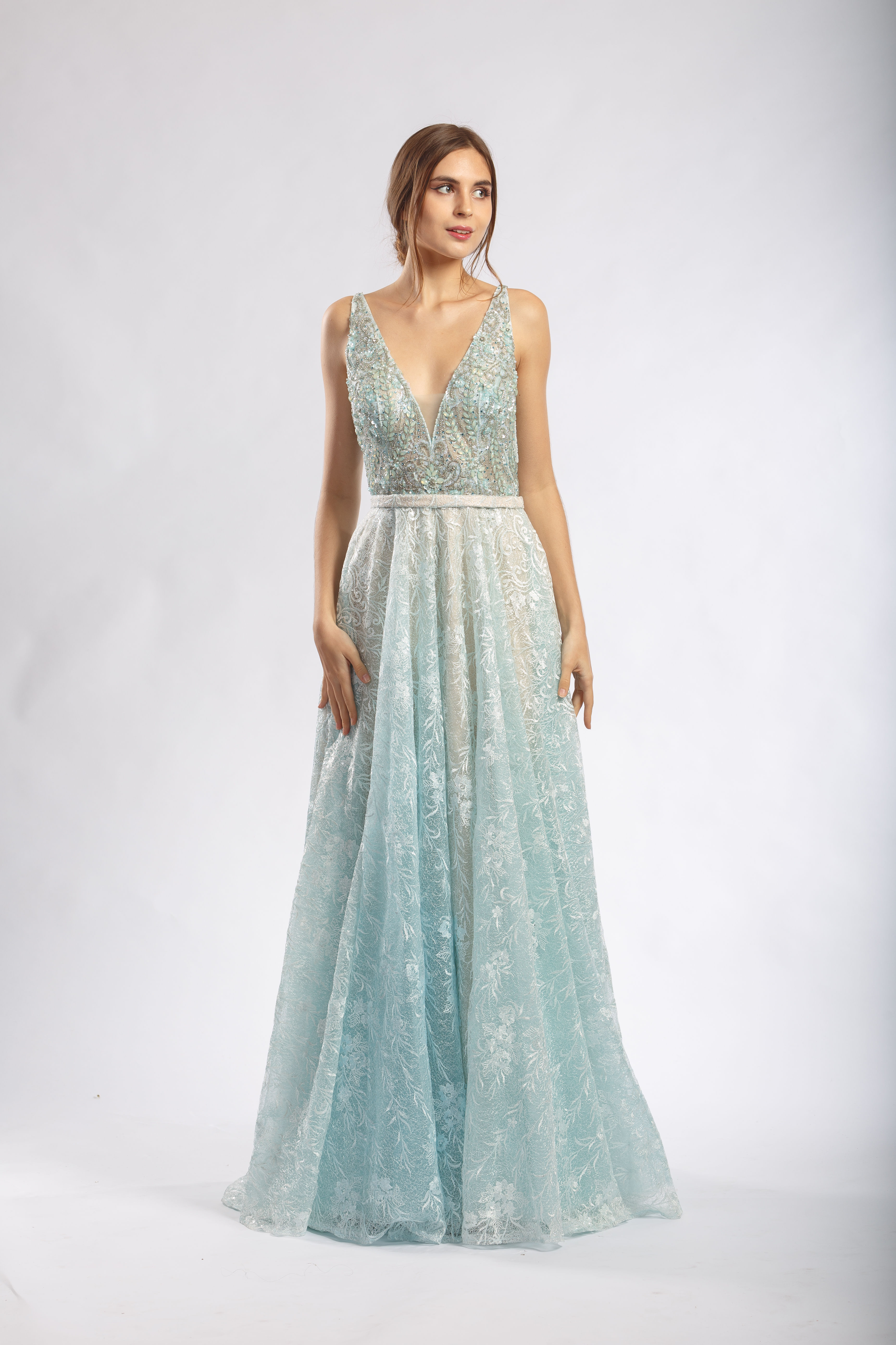 Turquoise Embellished Plunge Neck Ombré Layered A-Line Gown