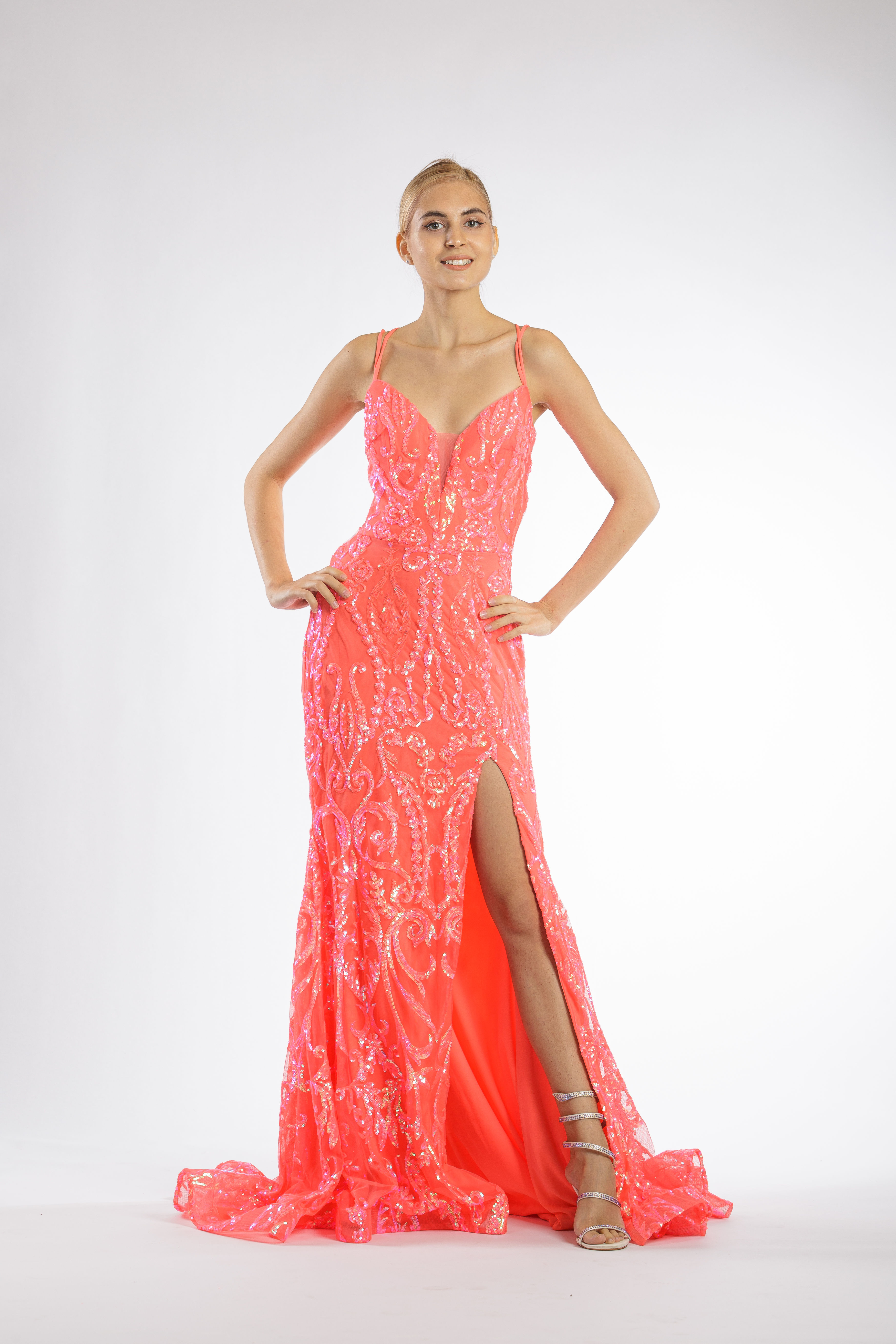 Coral Sequined Double Strap Trumpet Gown