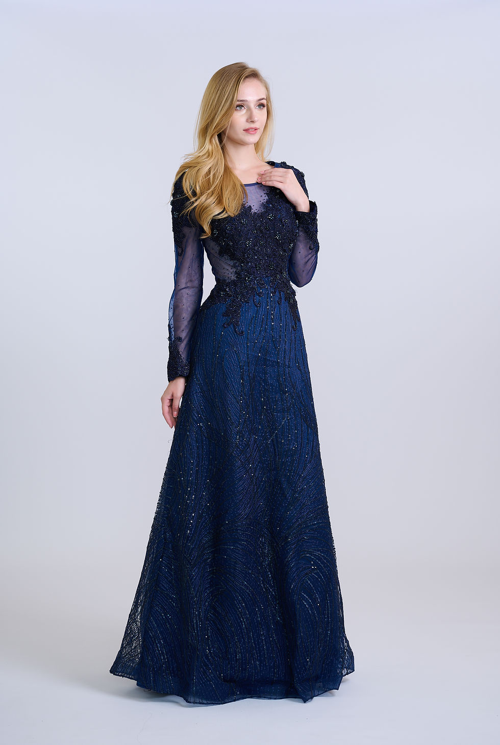 Thumbnail: Floral Appliqué V Neck Long Sleeves Illusion Gown