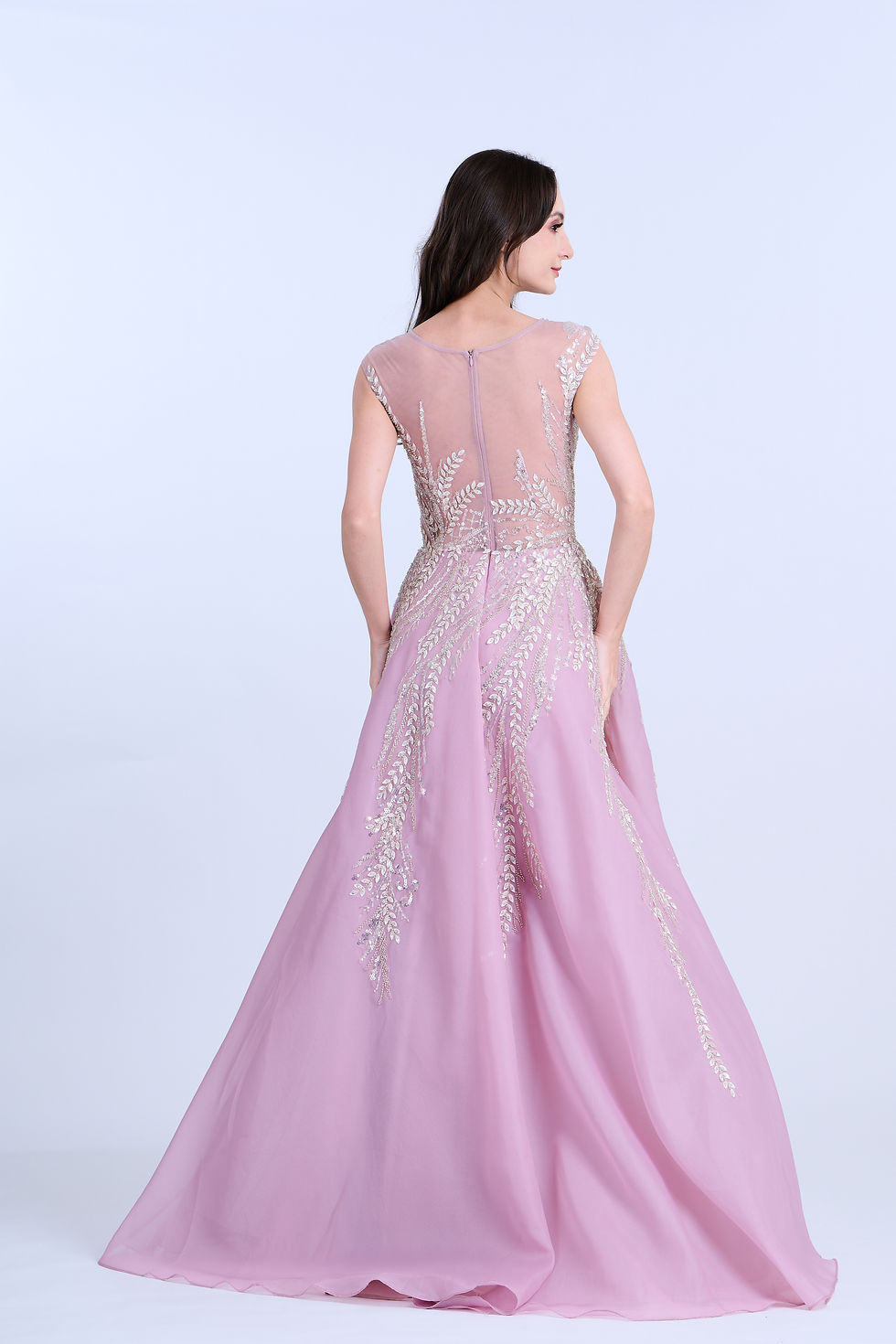 Thumbnail: Blush Sleeveless Embellished Leaf Illusion A Line Gown