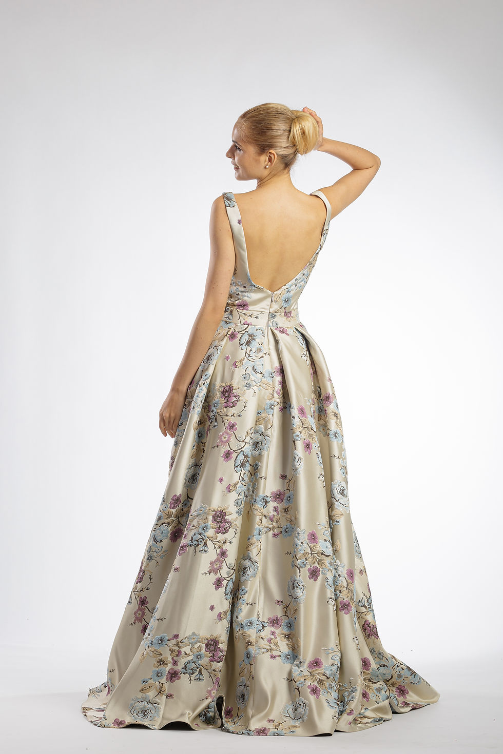 Thumbnail: Champagne Floral V Neck Embroidered Jacquard Gown With Pockets