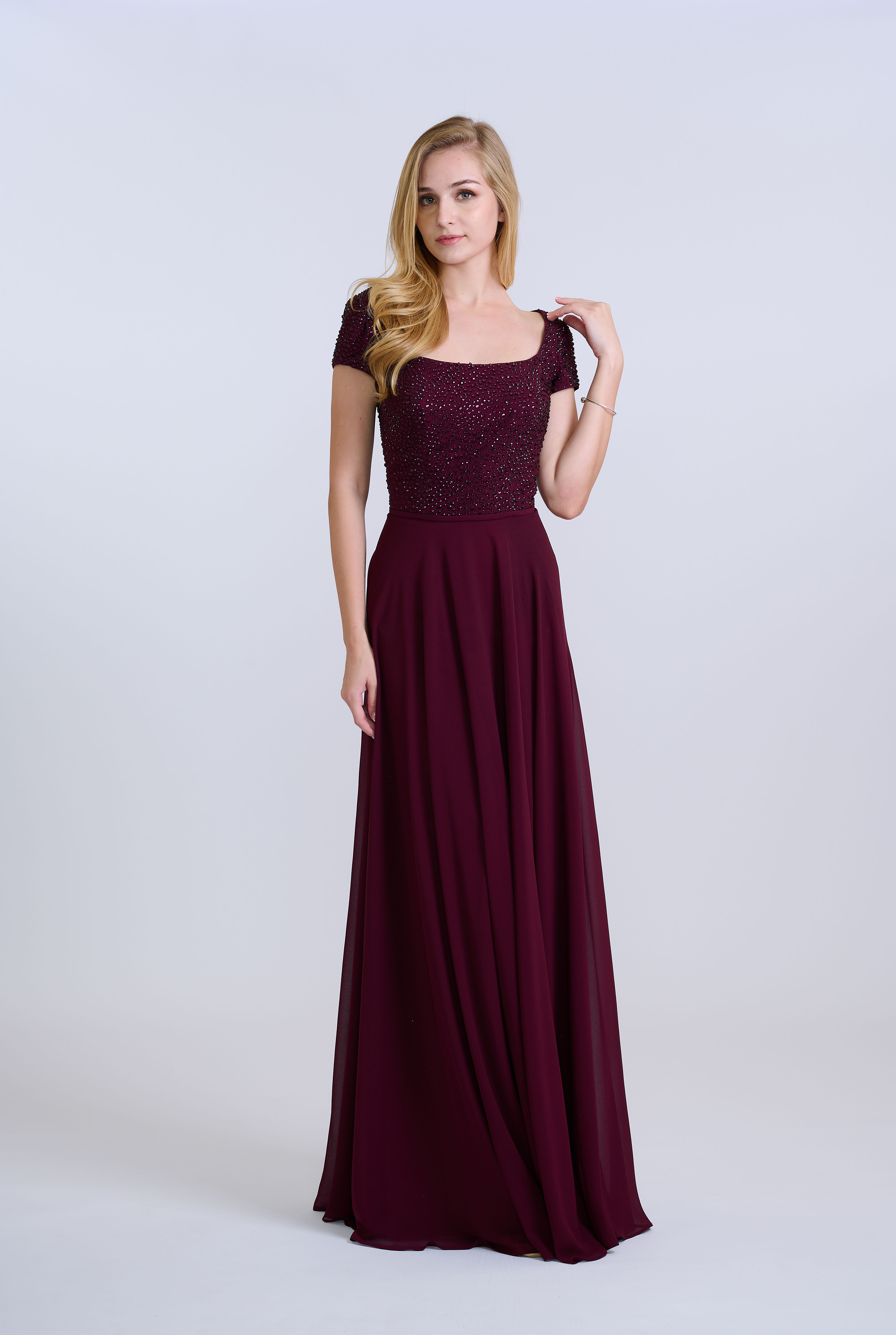 Burgundy Embellished Scoop Neck Cap Sleeves Gown