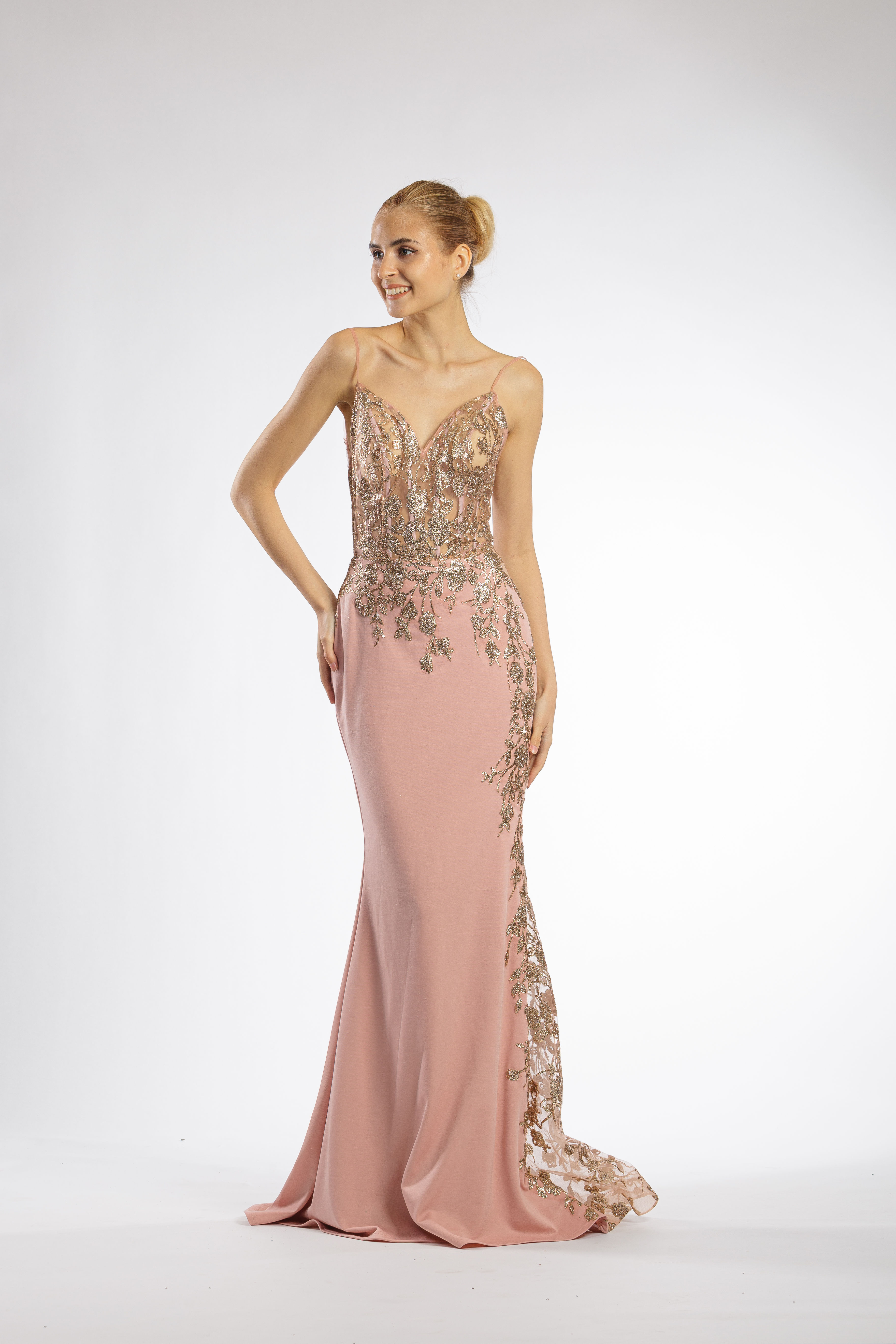 Nude Pink Spaghetti Strap Golden Leaf Lace Bodice Fitted Gown