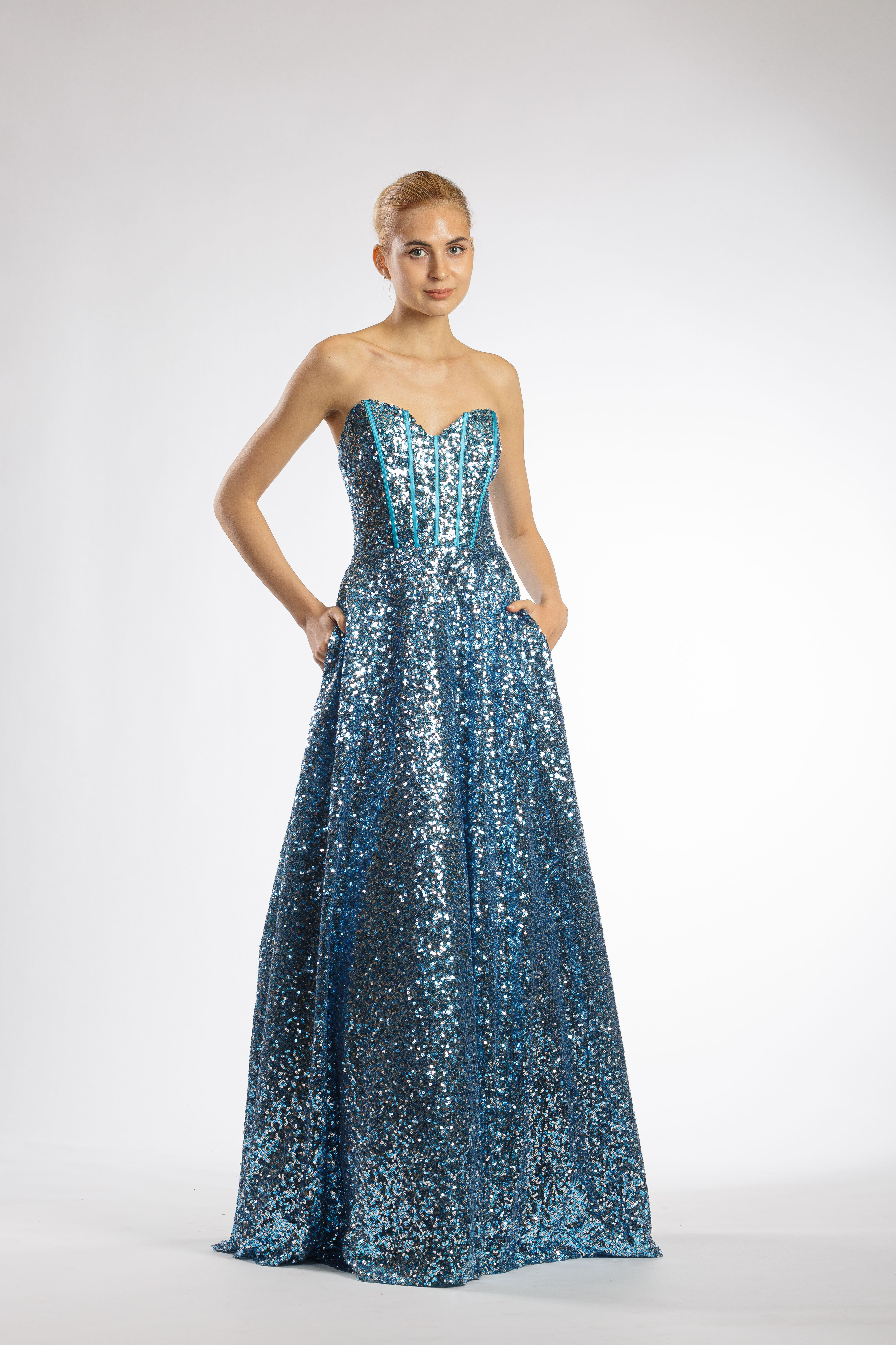 Blue Sweetheart Bodice Sparkly A-Line Gown