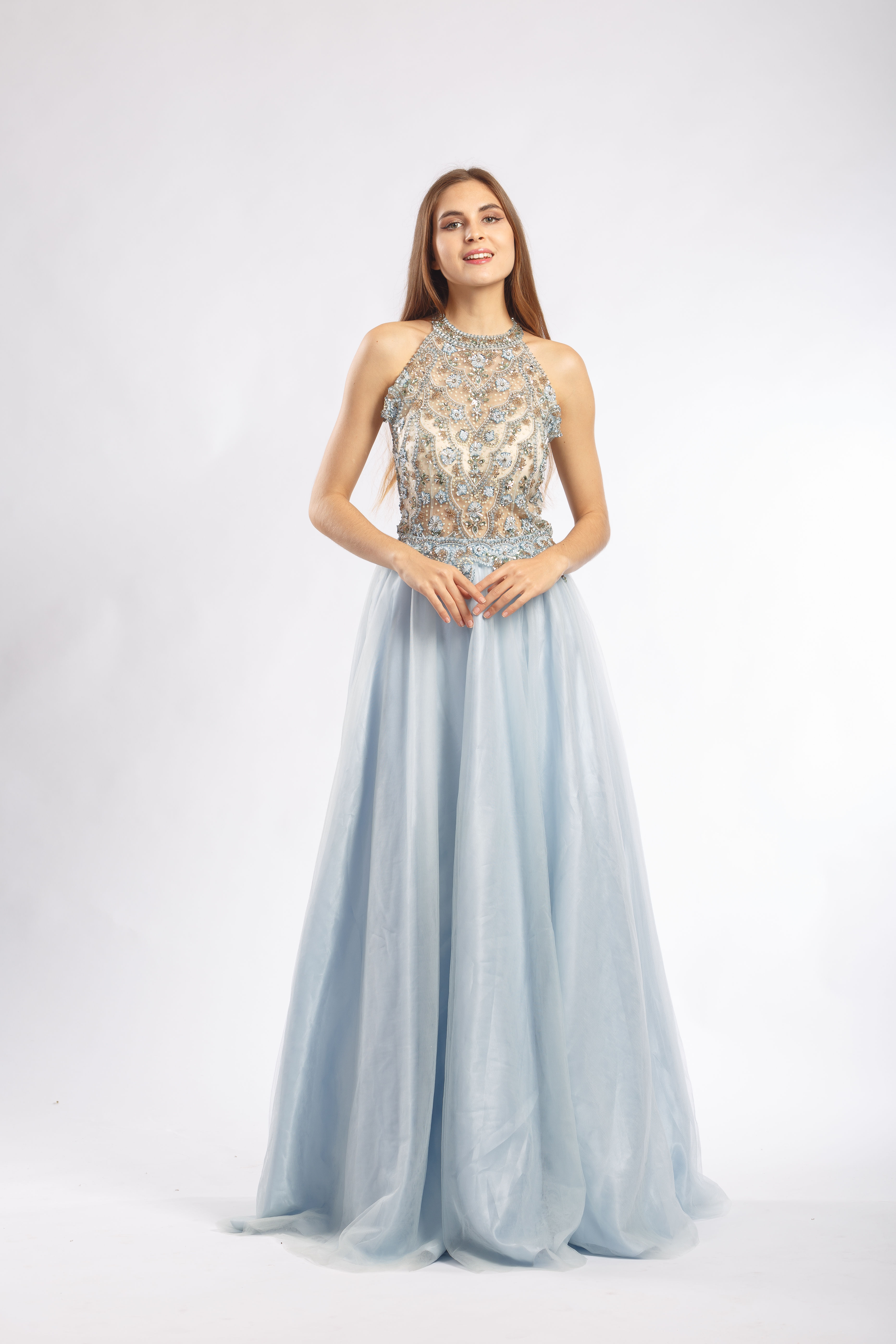 Floral Appliqué Two Piece Tulle Gown