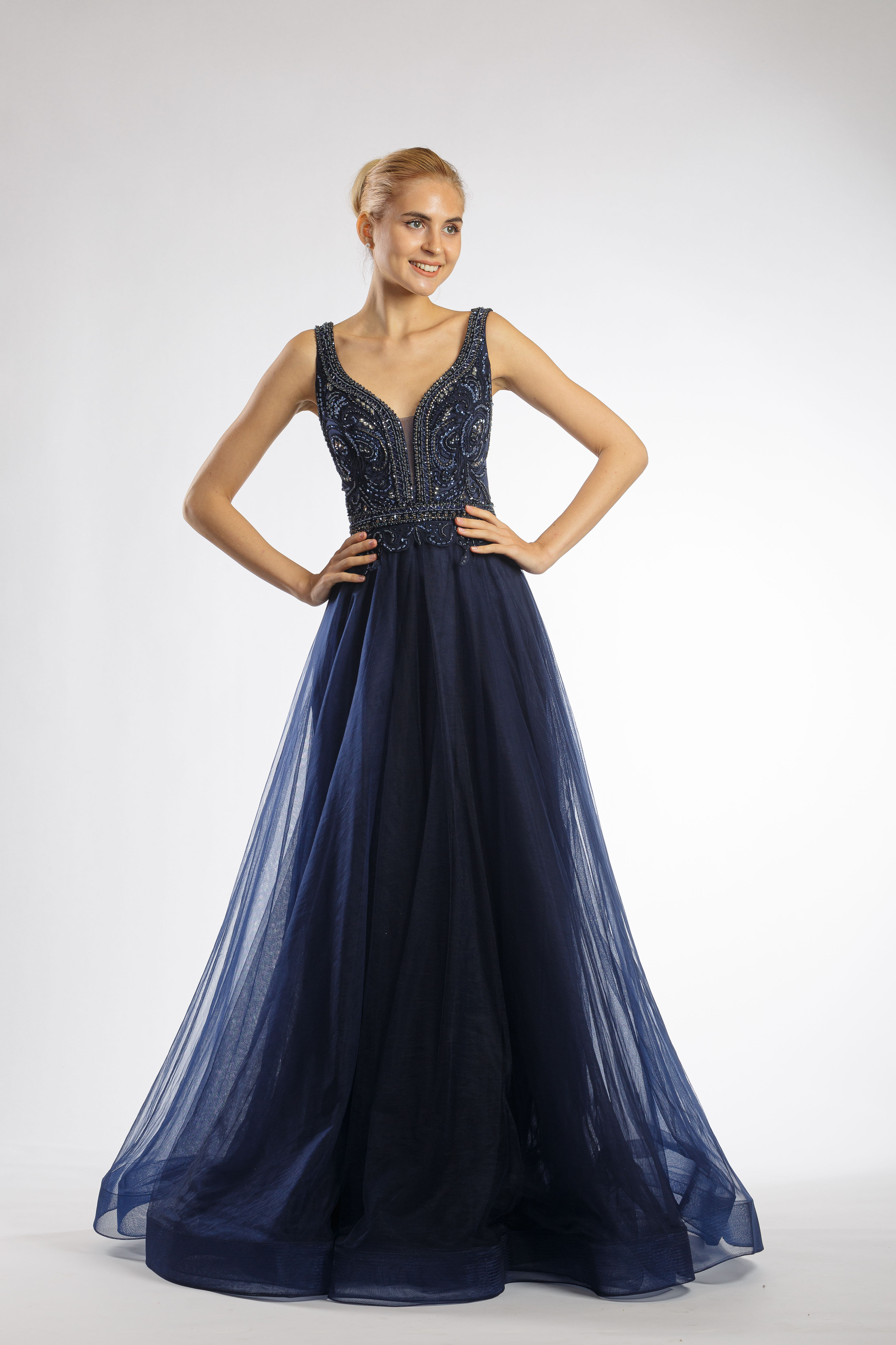 Dark Blue Embellished Sleeveless A-Line Evening Gown