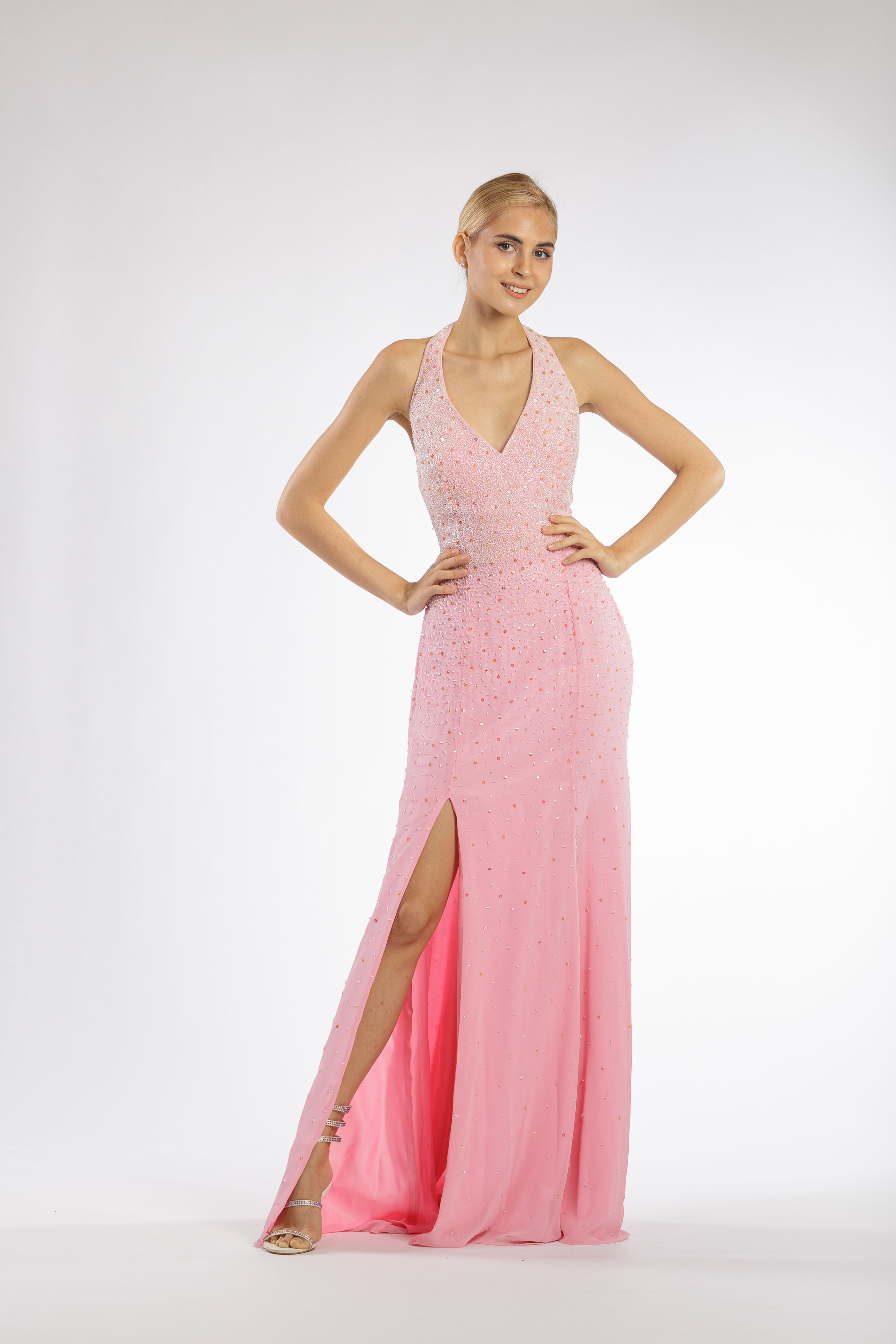 Pink Sequined Halter Strap Plunge Neck Slit Gown
