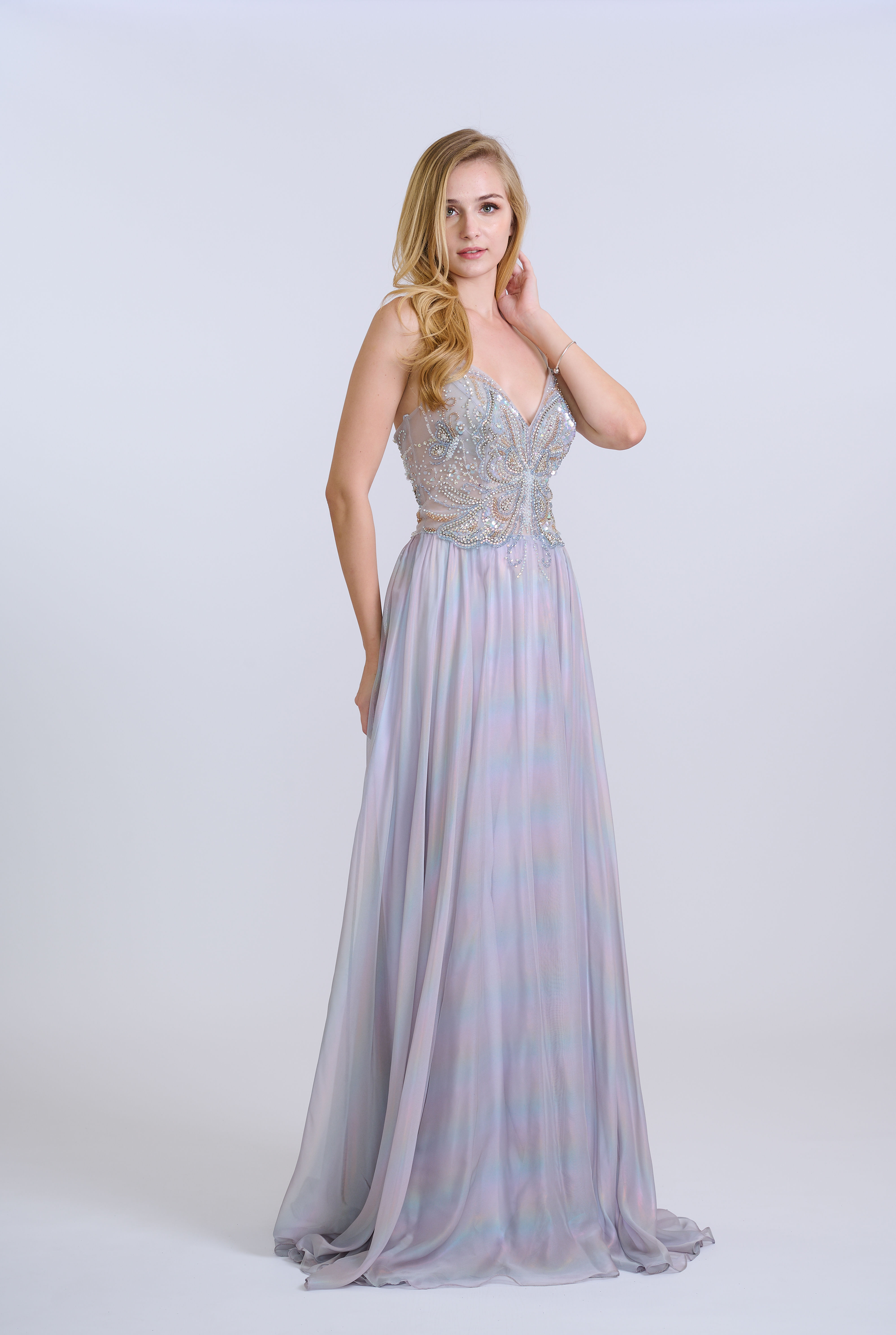 Purple Crystal Embellished Criss Cross Back Evening Gown