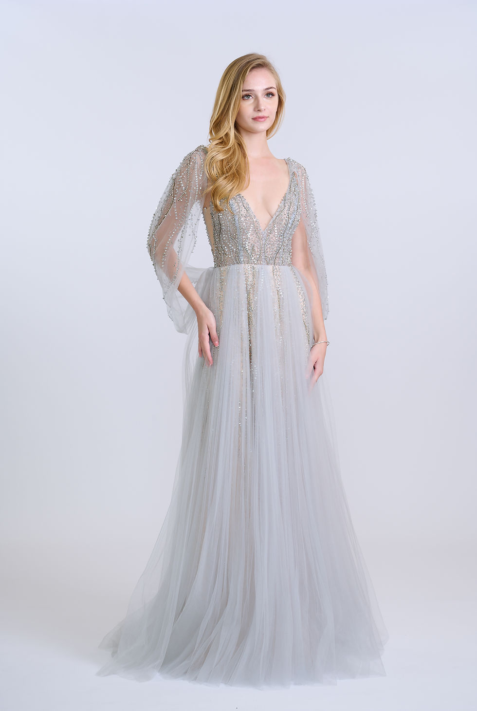 Thumbnail: Silver Illusion Embellished Cape Effect Flowy Gown