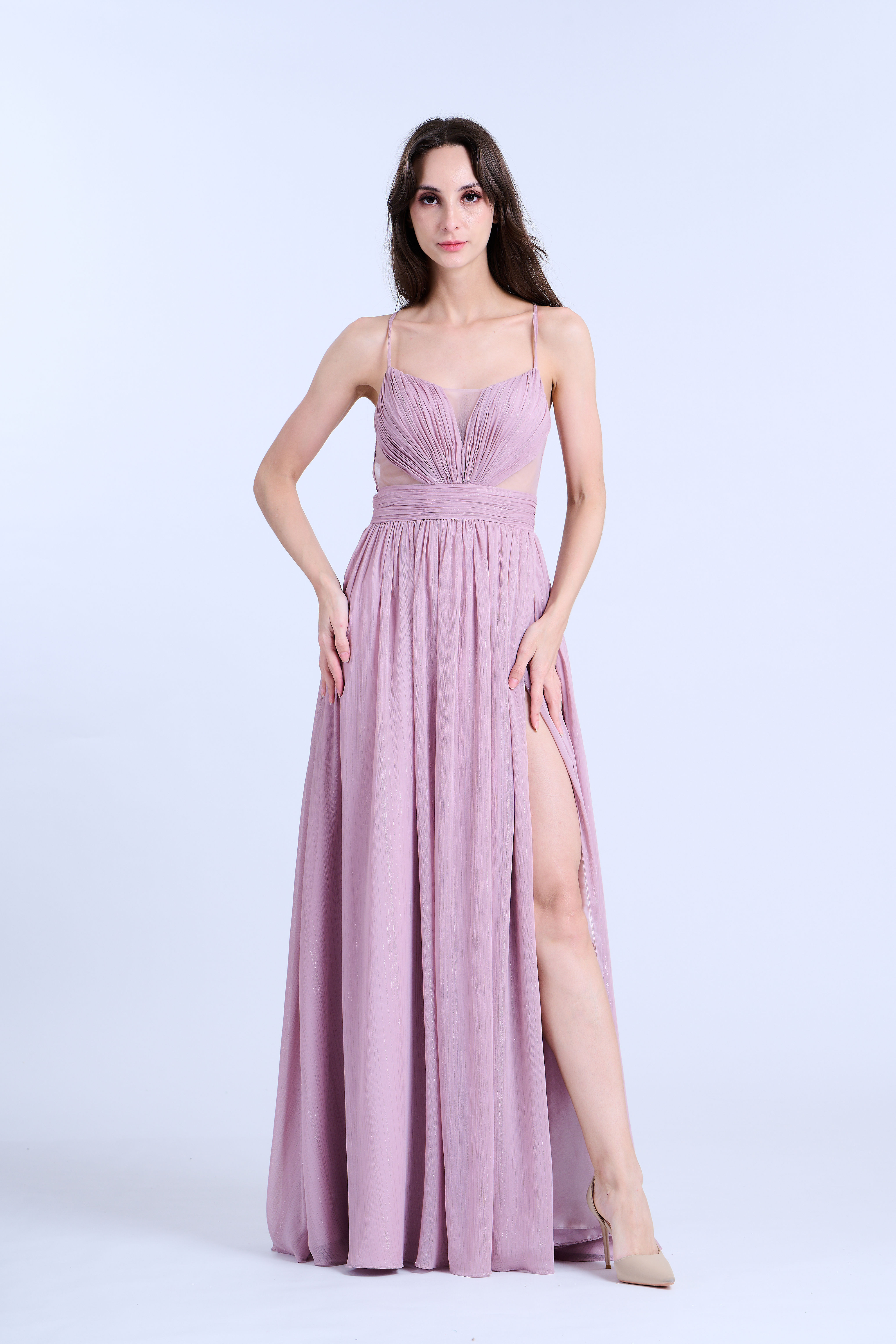 Blush Spaghetti Strap Cut Out Pleated Gown