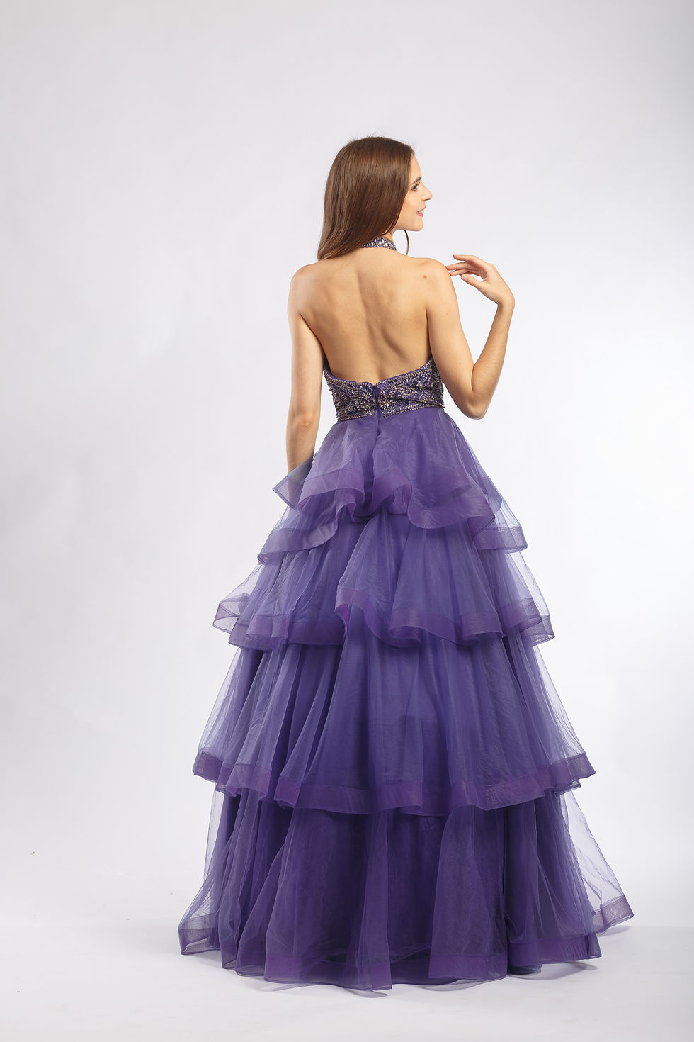 Thumbnail: Purple Embellished Tiered Halter Neck Tulle Gown