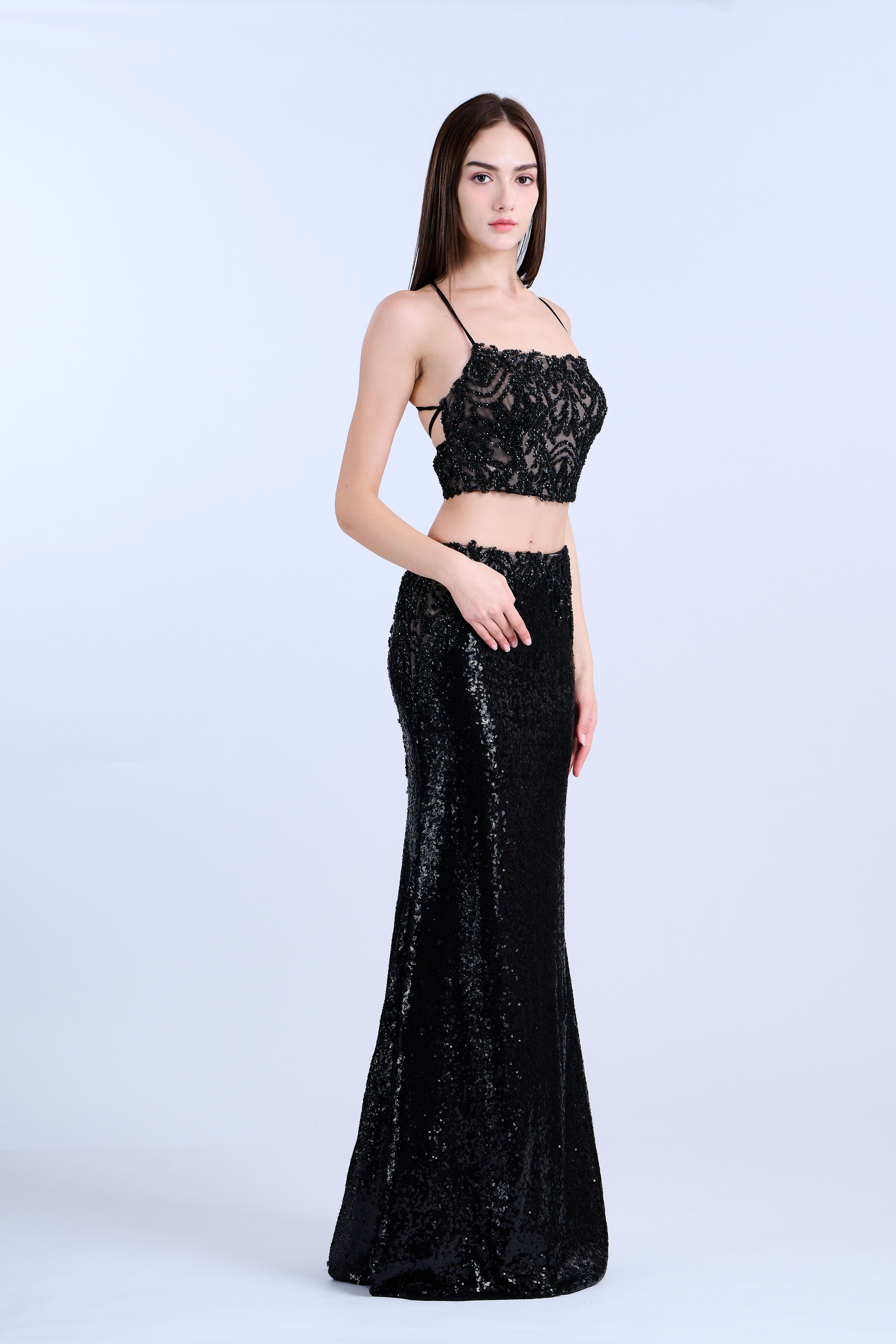Black Sequin Bodice Two Piece Gown