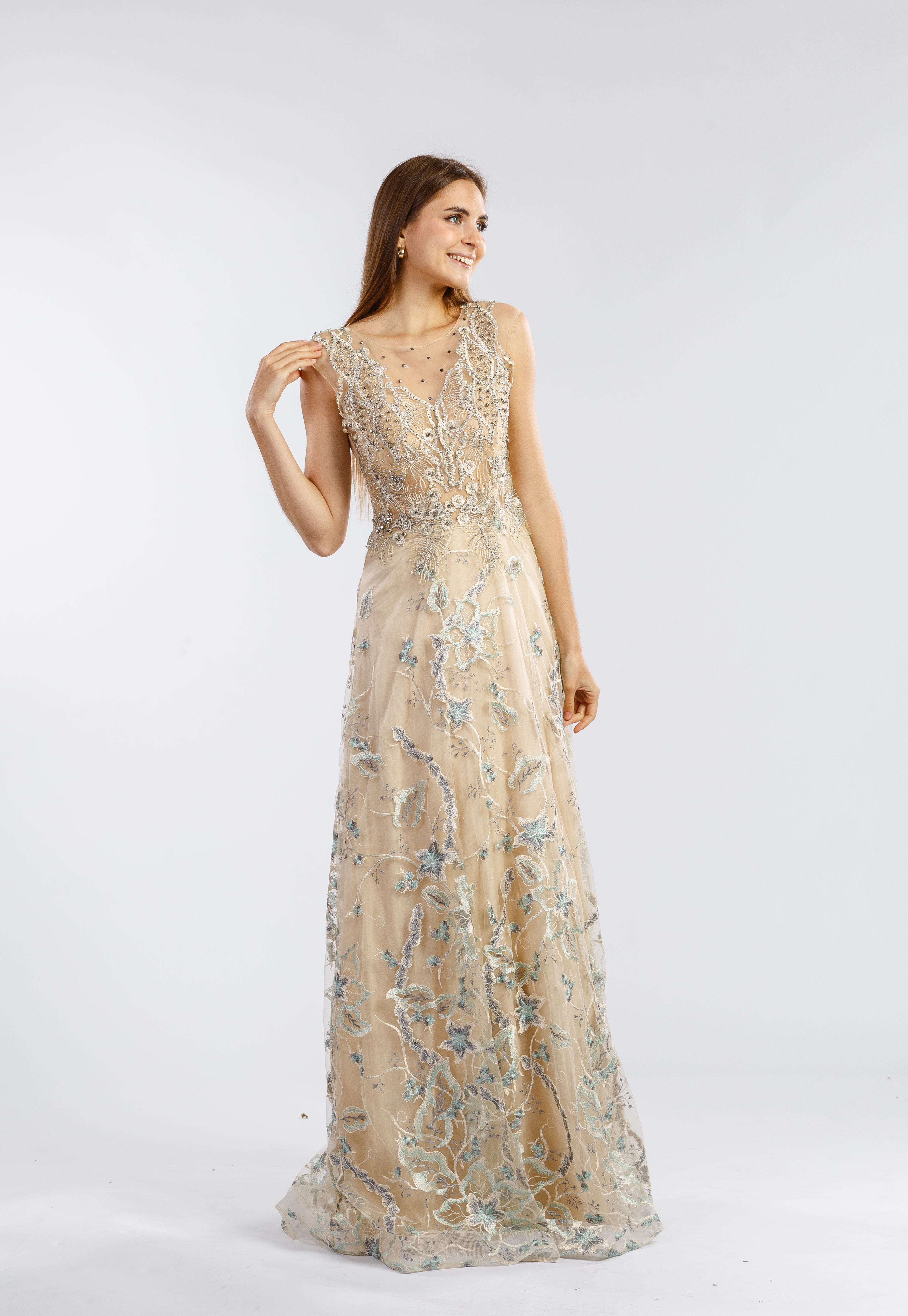 Cream Floral Embroidered Illusion A-Line Gown