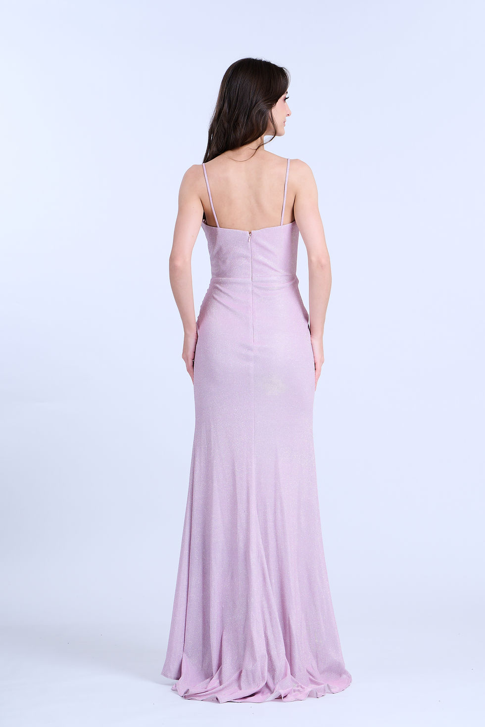 Thumbnail: Pink Shimmering Pleated V Neck Side Ruched Gown