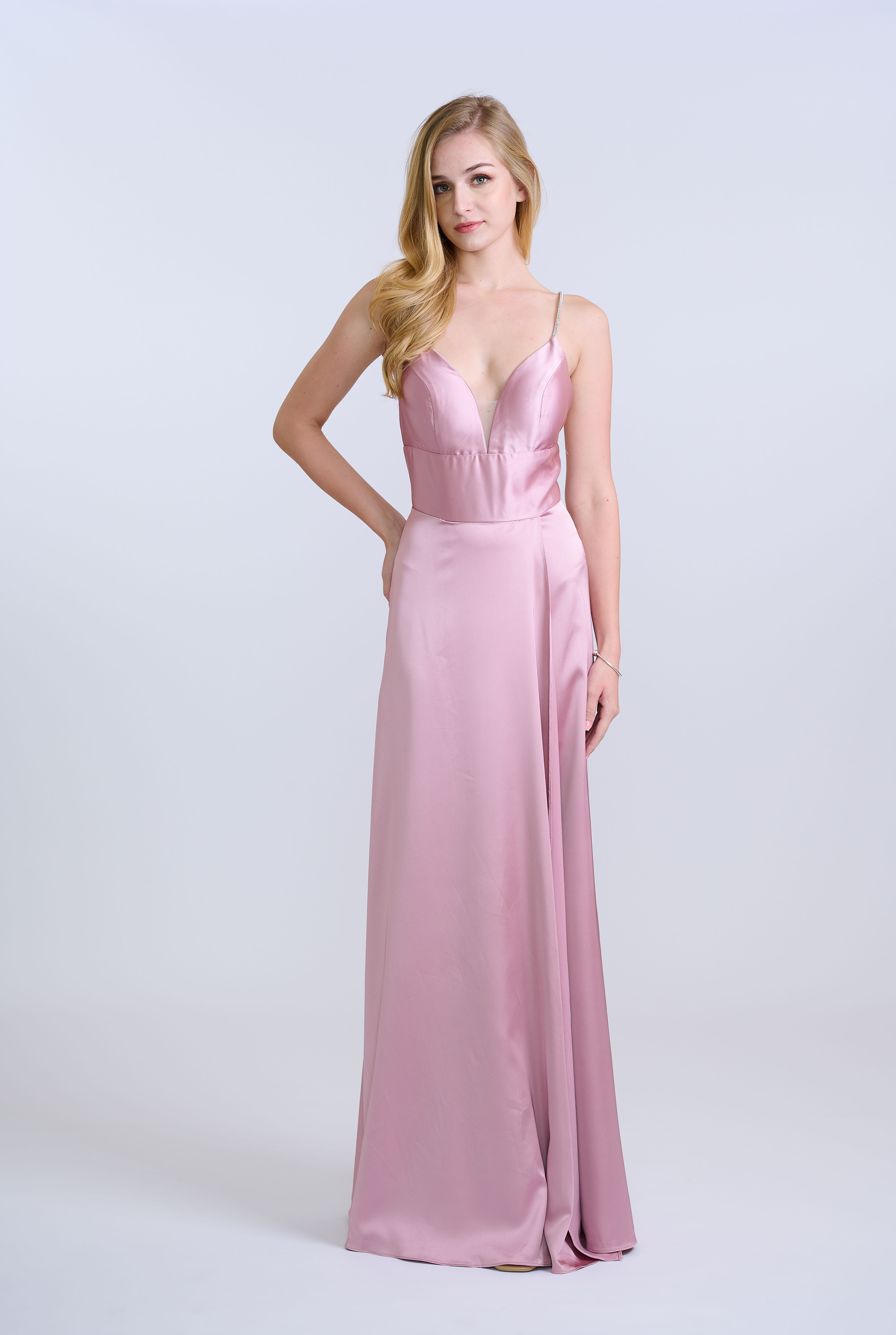 Pink Rhinestone Strap Soft Satin High Slit Gown
