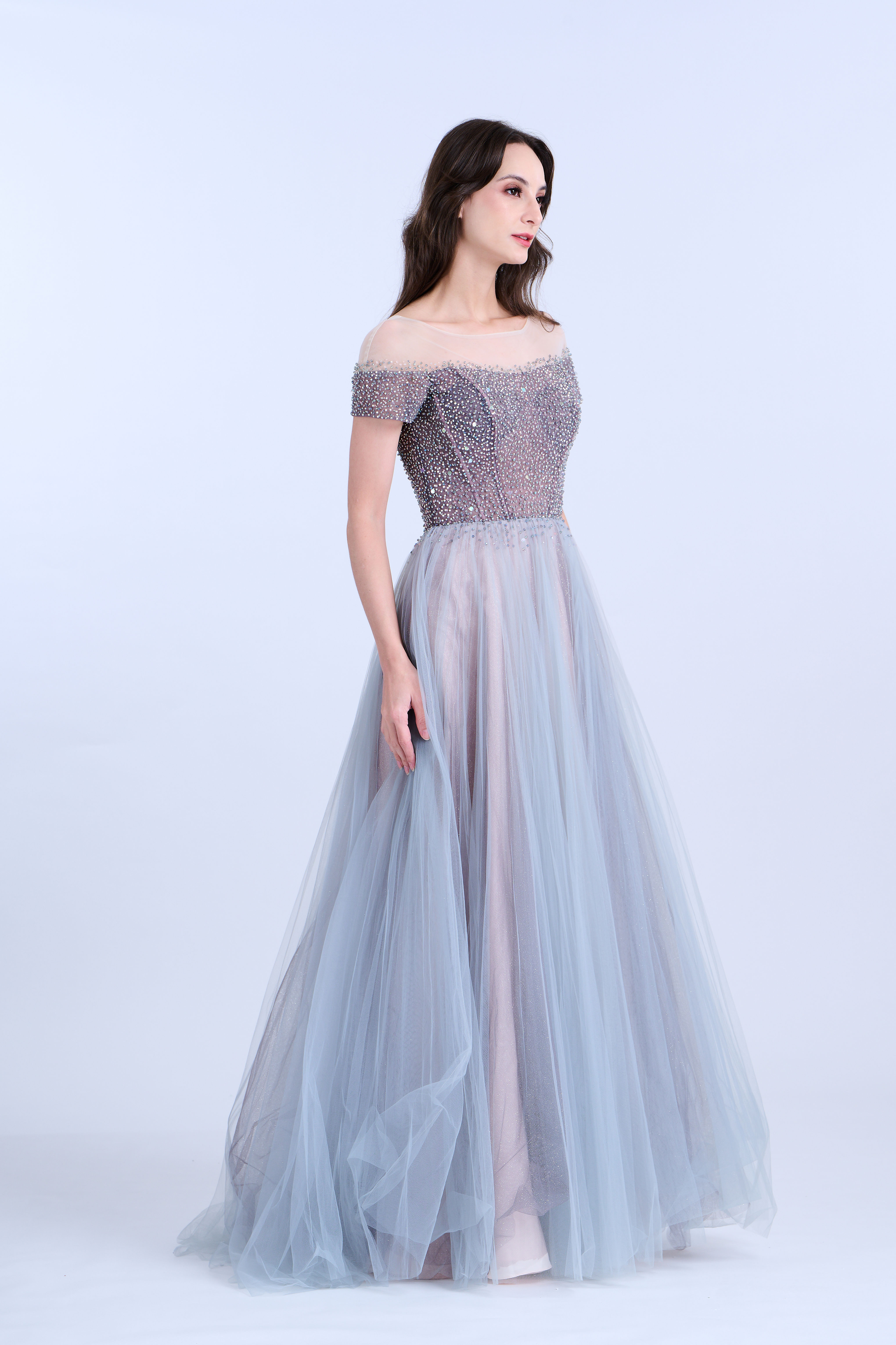 Grey Embellished Short Sleeves Illusion Gown