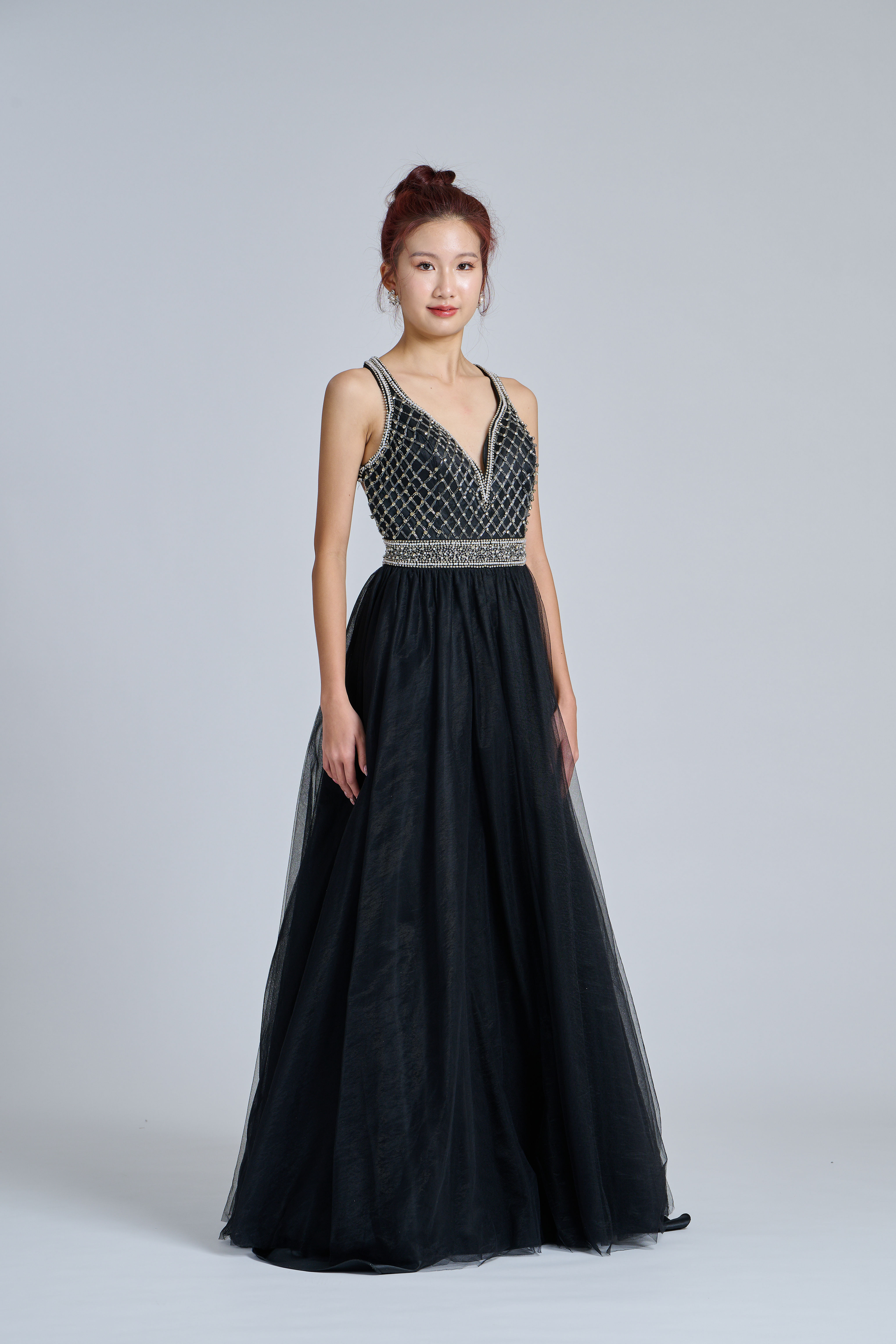 Black Embellished Sweetheart Crystal Belted With Back Details A-Line Gown