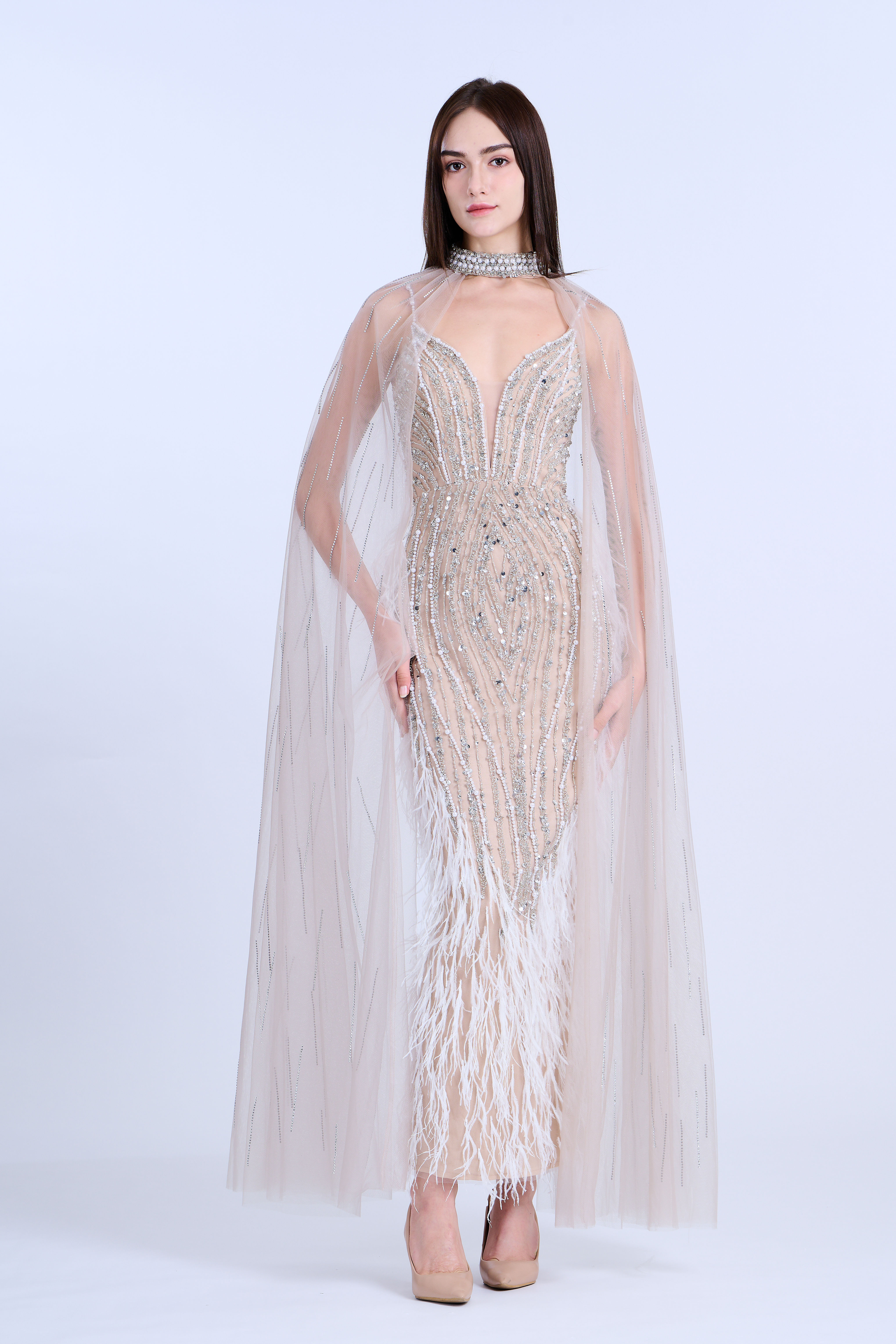 Nude Embellished Feather Trim Midi Gown With Detachable Choker Cape Gown