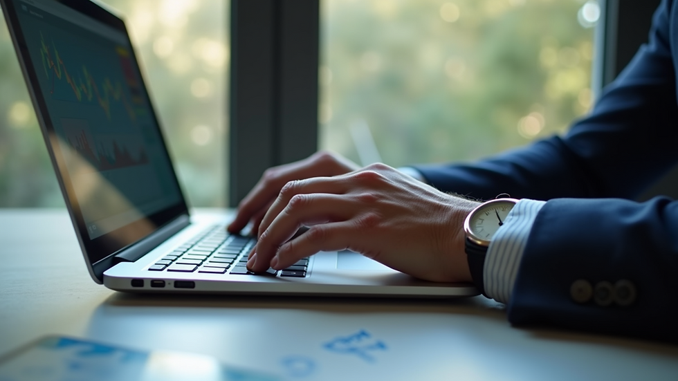 Close-up view of a financial consultant analyzing data on a laptop
