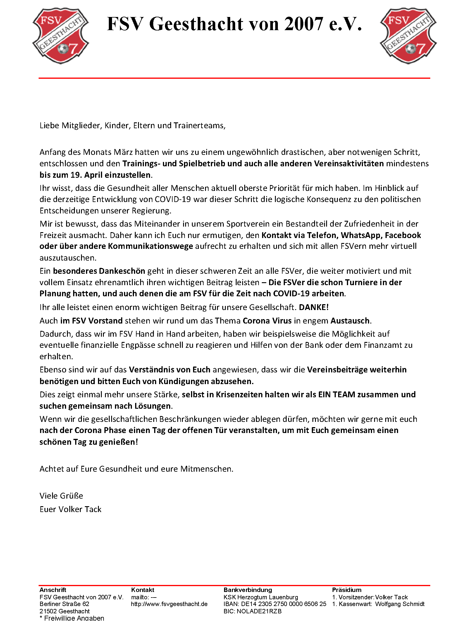 Corona (Covid-19): Der Vorstand informiert