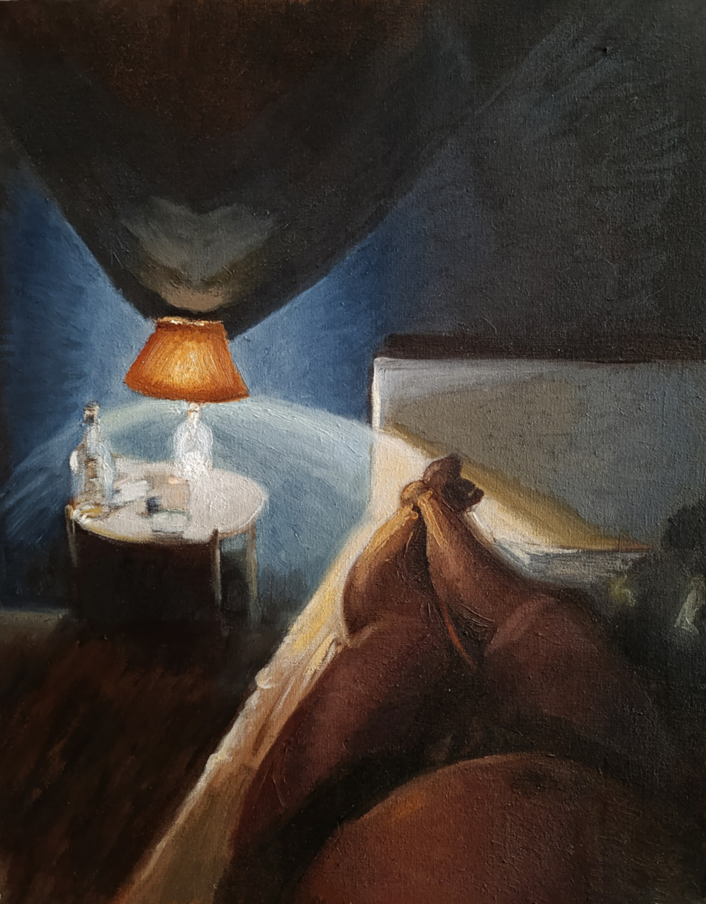 Oil painting art of a dark bedroom with a lamp on a bedside table, with a figure lying on the bed in shadow