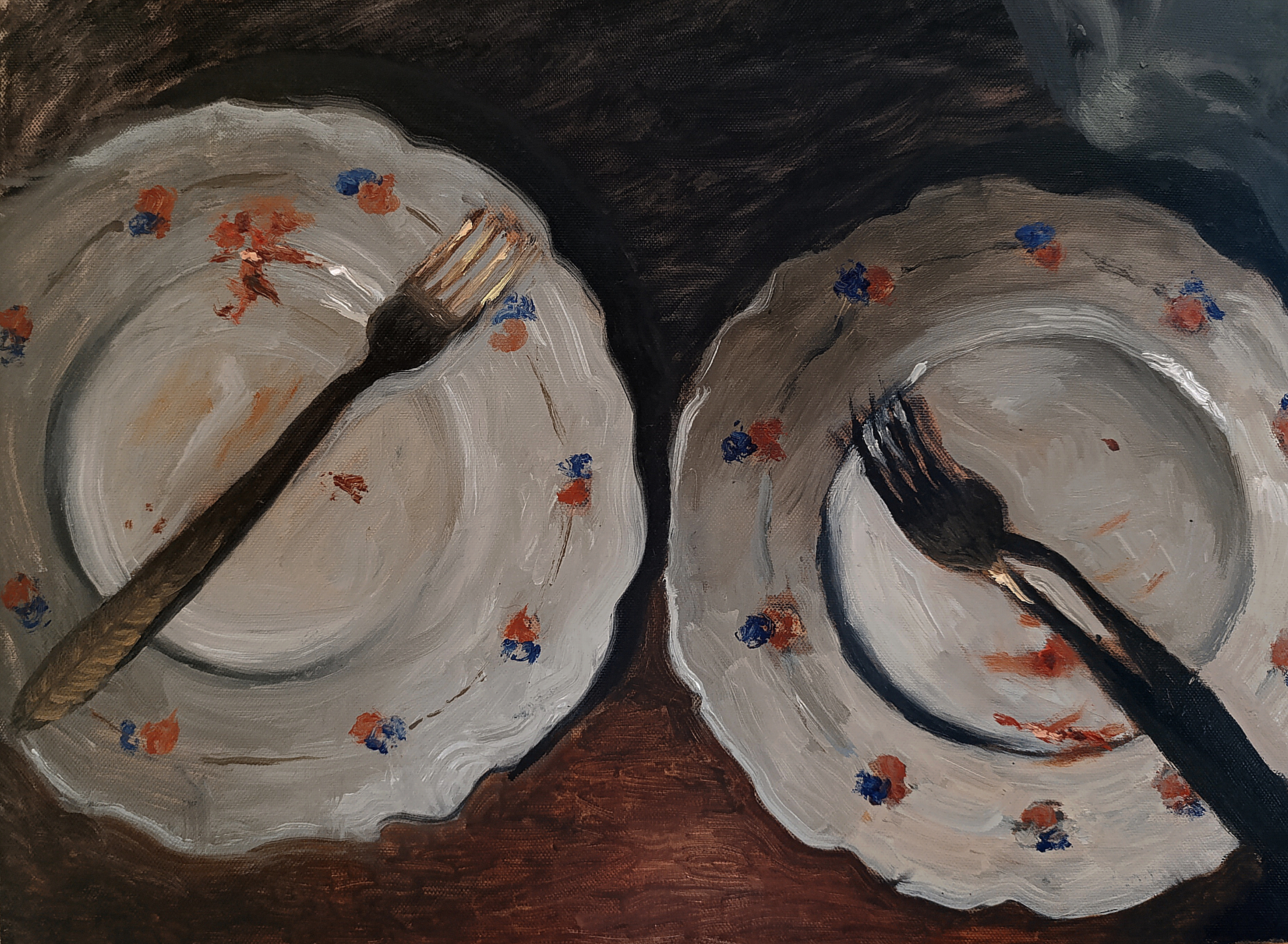 Oil painting of plates and forks with a dark background by Hina Shah artist from Karachi, Pakistan