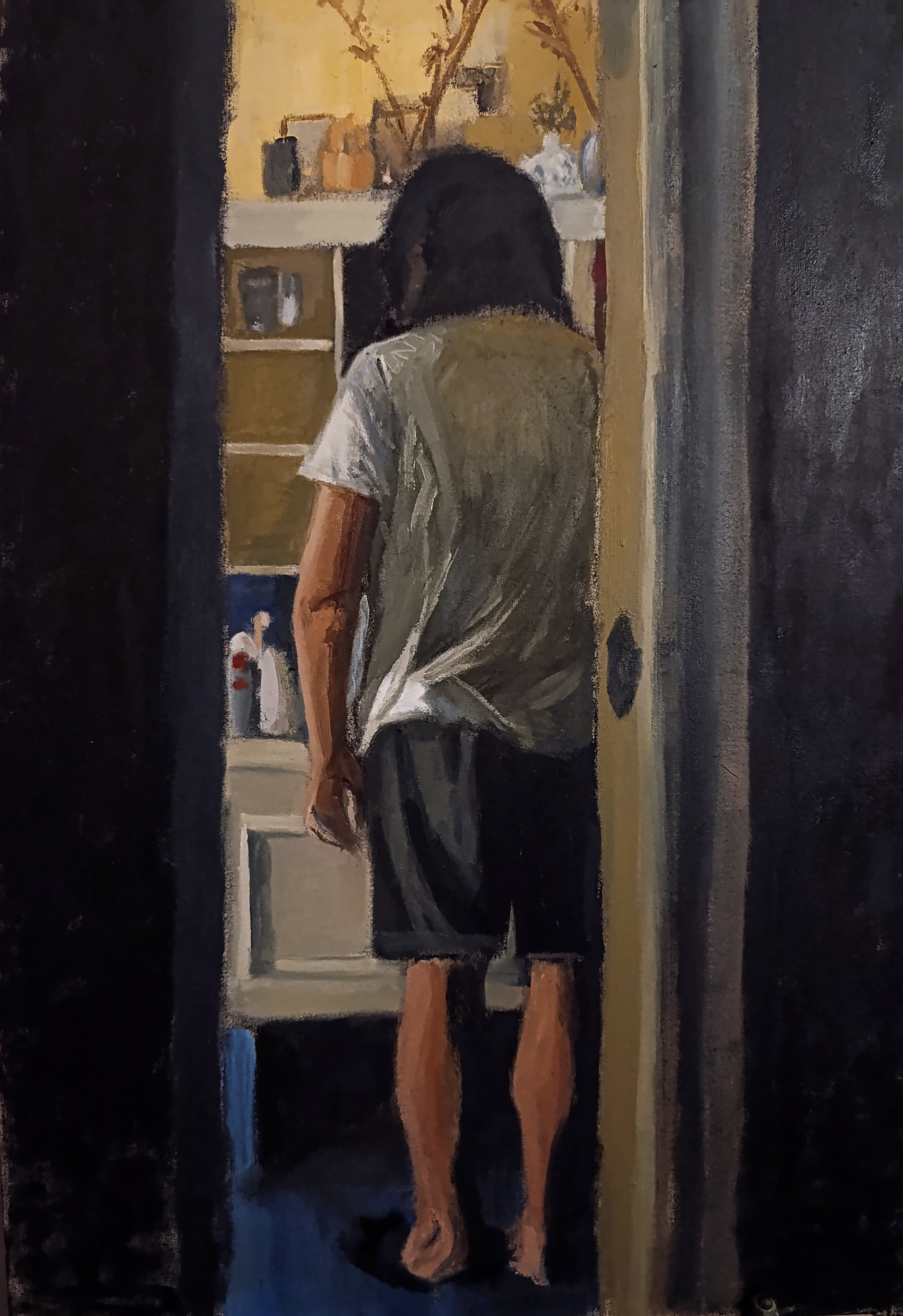 Oil painting of a man standing at a bathroom vanity, by artist Hina Shah from Karachi, Pakistan