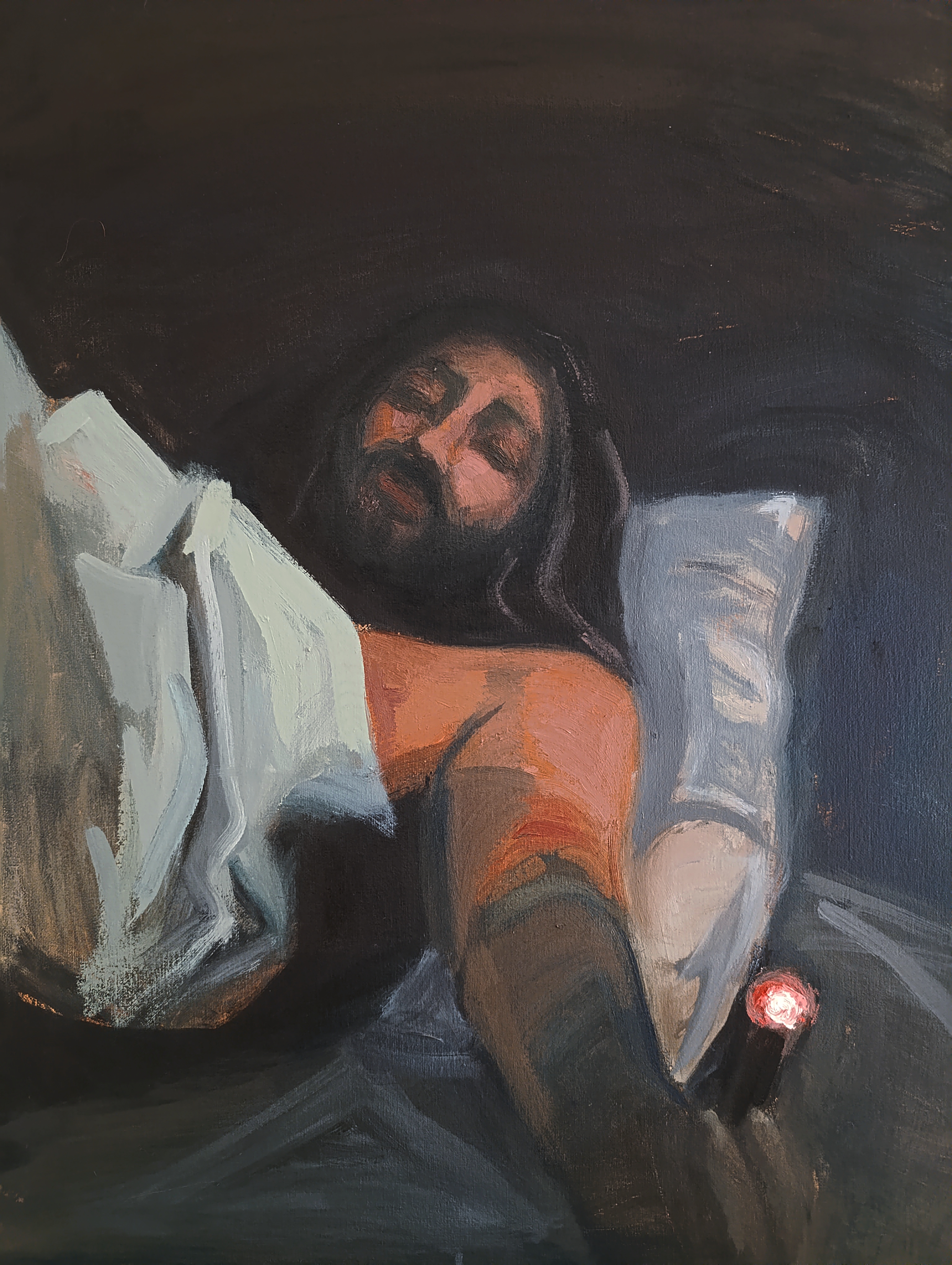 Oil painting of a man in bed passing a joint, cigarette by Hina Shah artist from Karachi, Pakistan
