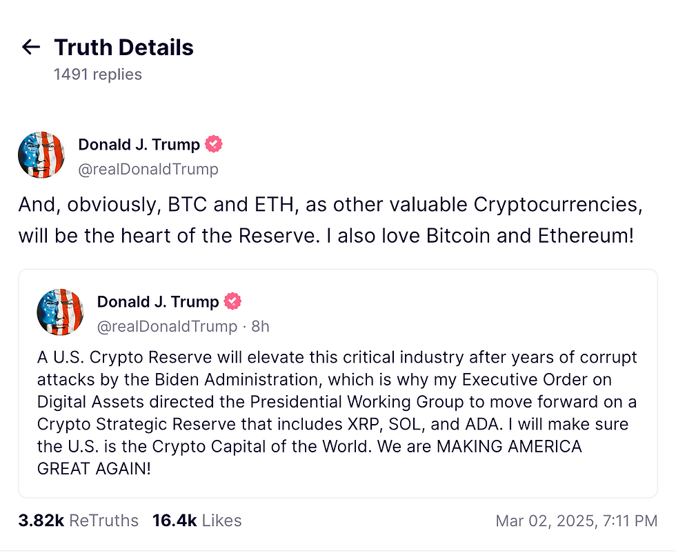 Trump anunta rezerva strategica SUA cu Bitcoin, Ethereum, Solana, Ripple, Cardano