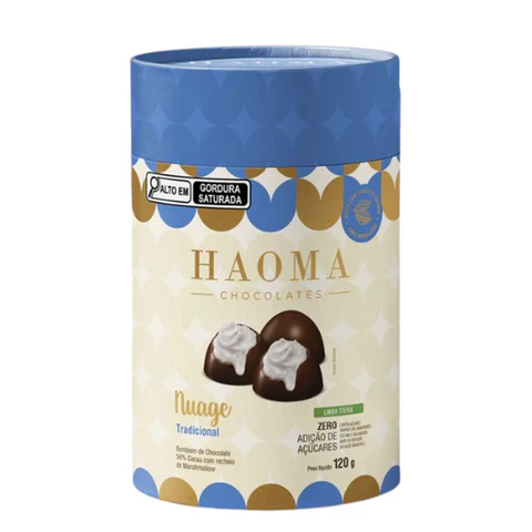 Chocolate Haoma Nuage Tradicional com recheio de marshmallow, embalagem azul com detalhes dourados, produto de chocolate sem gordura saturada e zero adição de açúcar, peso de 120g.
