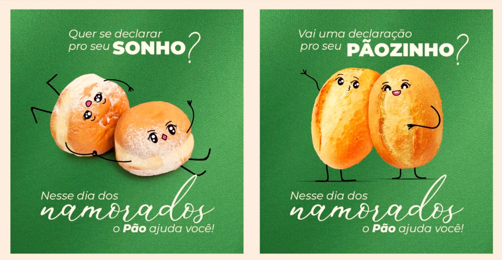 Imagem de pão com rosto e braços, acompanhado de uma declaração de sonho e uma declaração de 'pãozinho' para namorados, promovendo o amor e a conexão emocional entre casais.