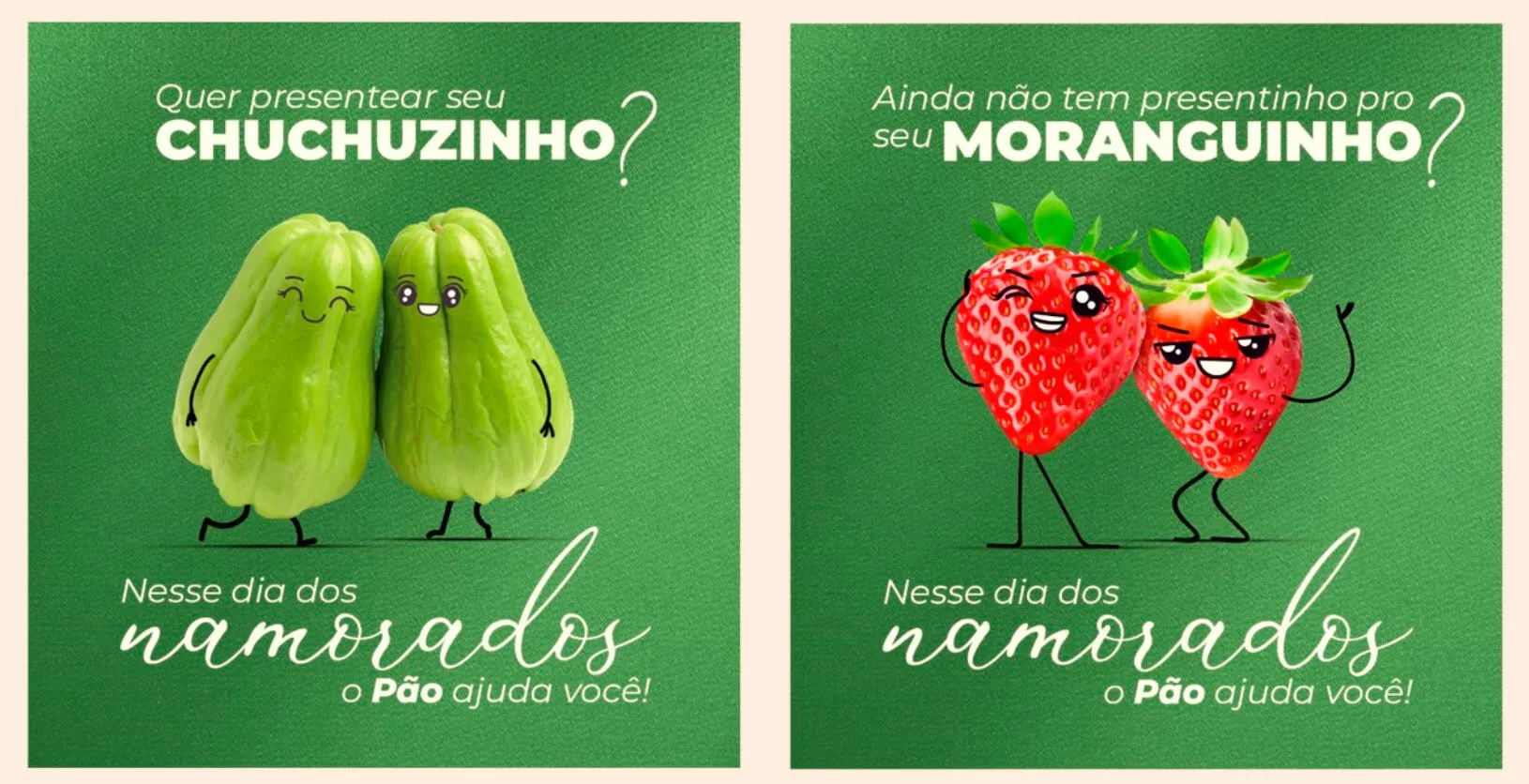 Imagem de uma embalagem de pão com desenhos de morangos e pimentões com mensagens divertidas sobre presentear com pão no dia dos namorados