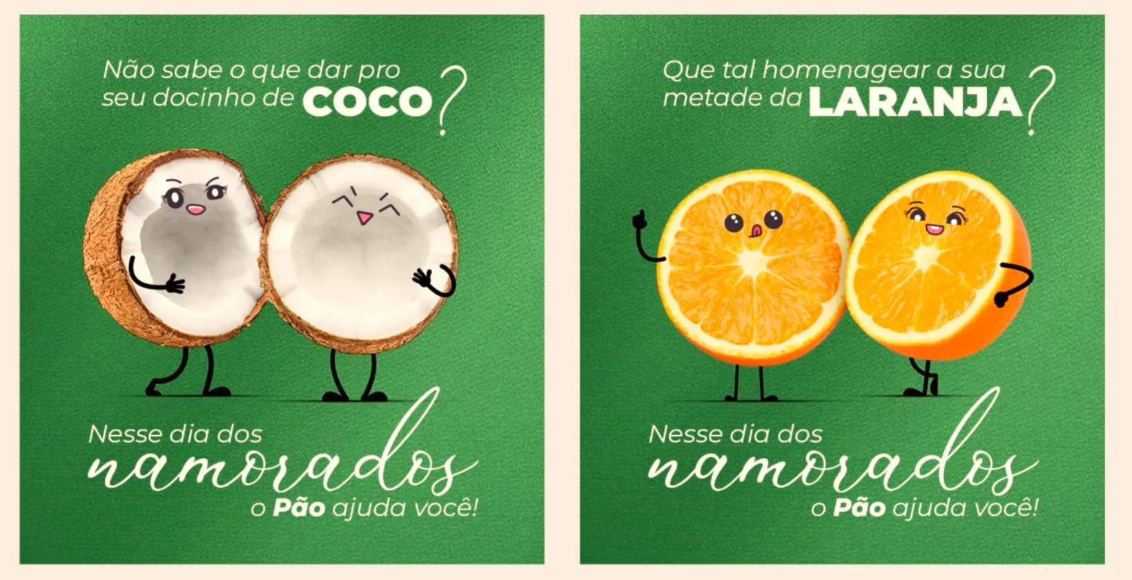 Imagem de um pão de coco e uma laranja com rostos alegres, promovendo o amor e o carinho entre os namorados no dia especial, com mensagem de homenagem.