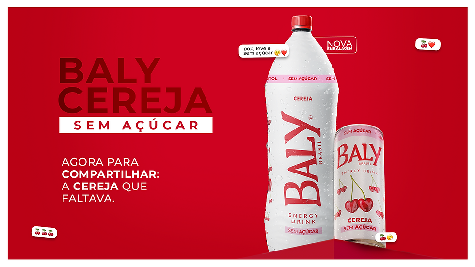 Garrafa de Baly Cereja Sem Açúcar 2L ao lado da versão em lata.
